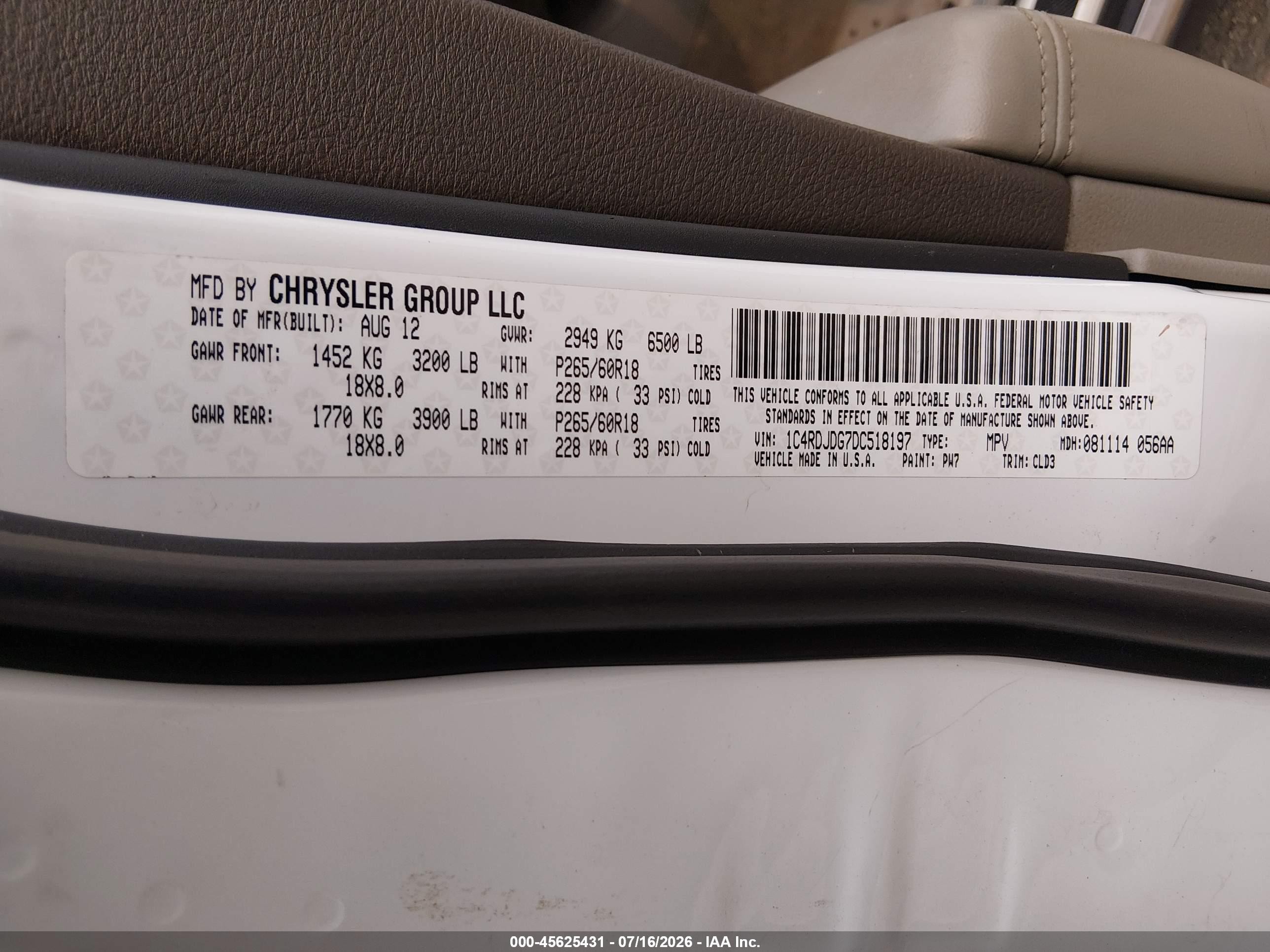 2013 Dodge Durango Crew Белый vin: 1C4RDJDG7DC518197
