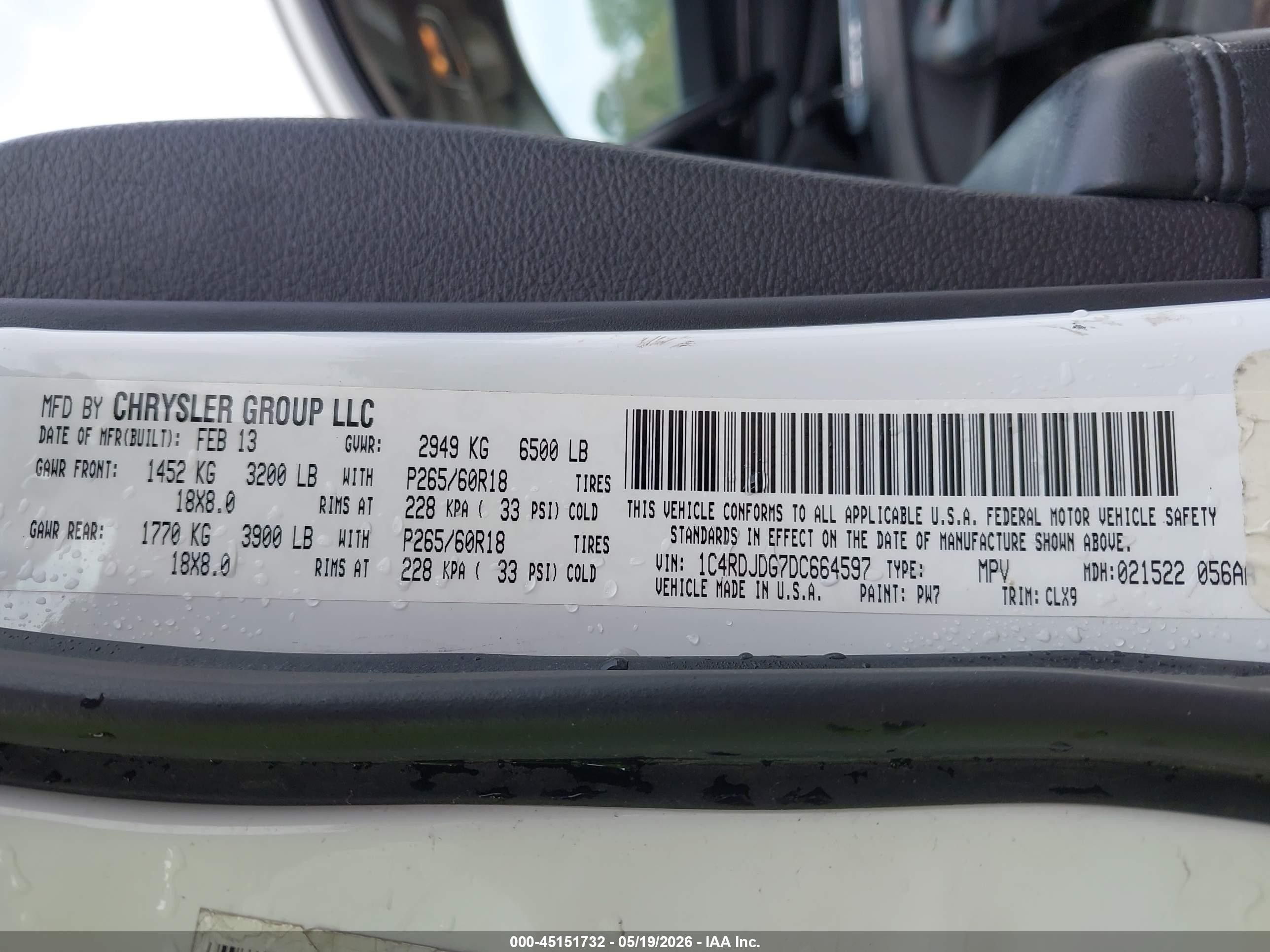 2013 Dodge Durango Crew White vin: 1C4RDJDG7DC664597