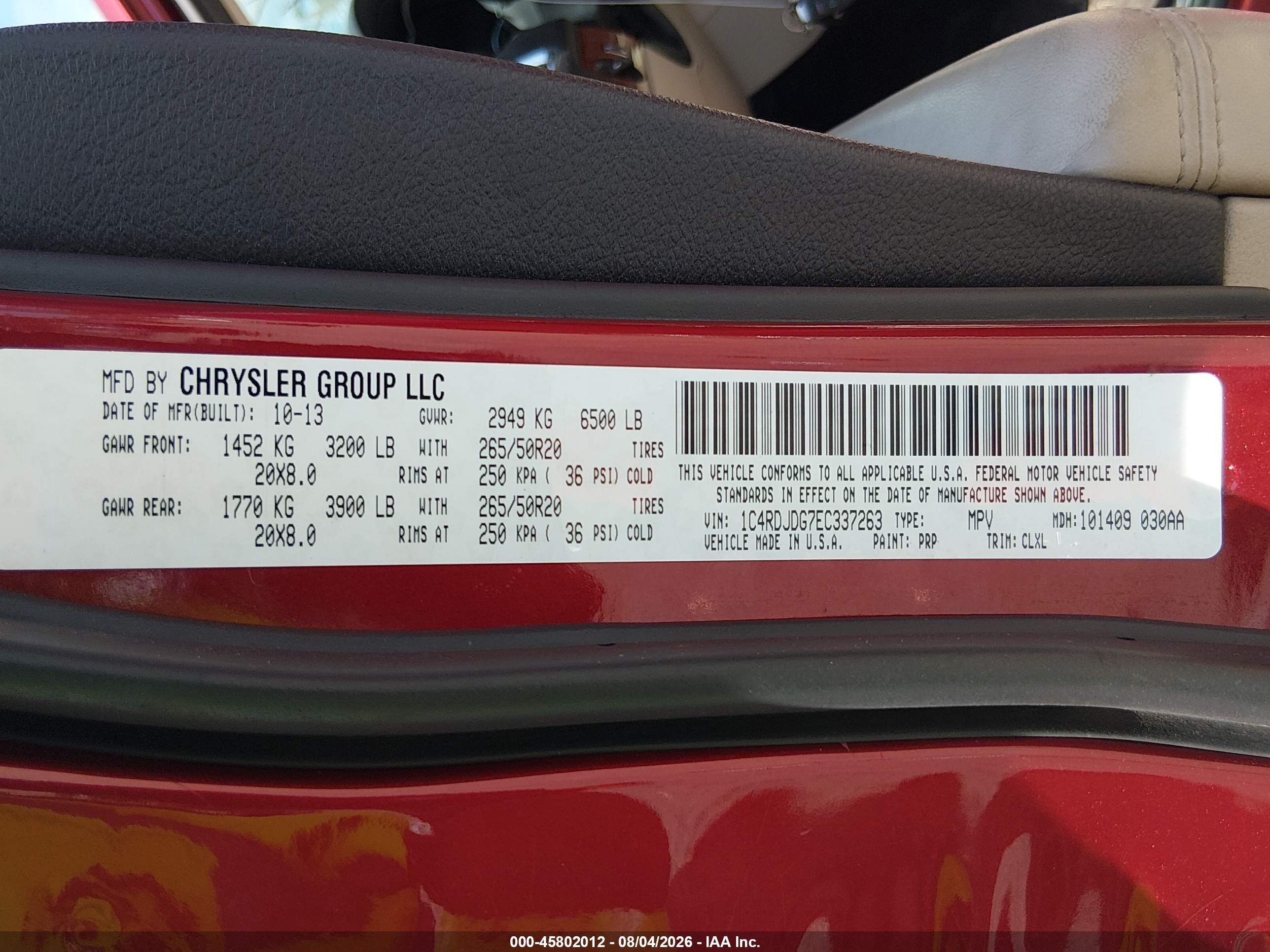 2014 Dodge Durango Limited Red vin: 1C4RDJDG7EC337263