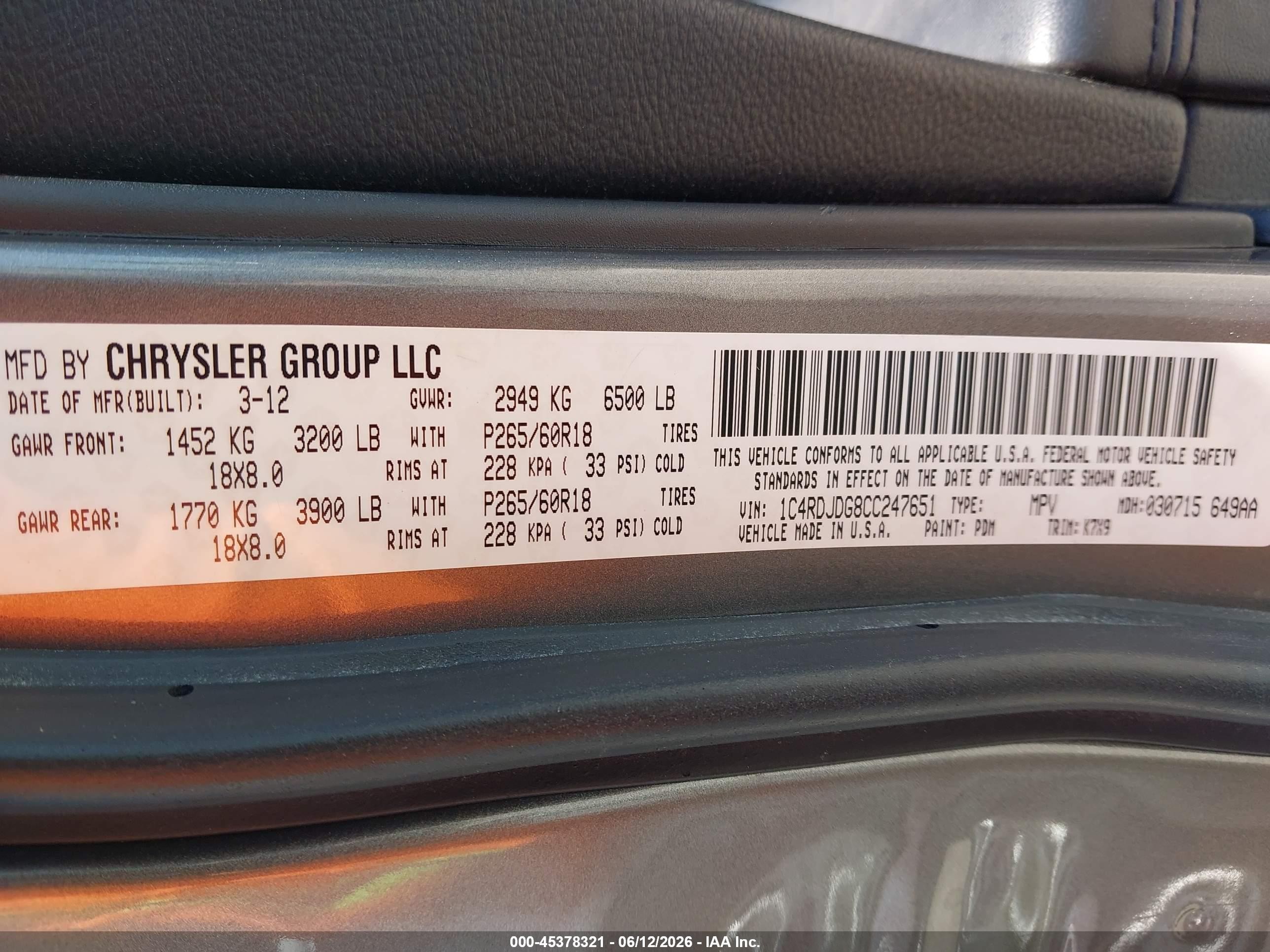 2012 Dodge Durango Crew Silver vin: 1C4RDJDG8CC247651