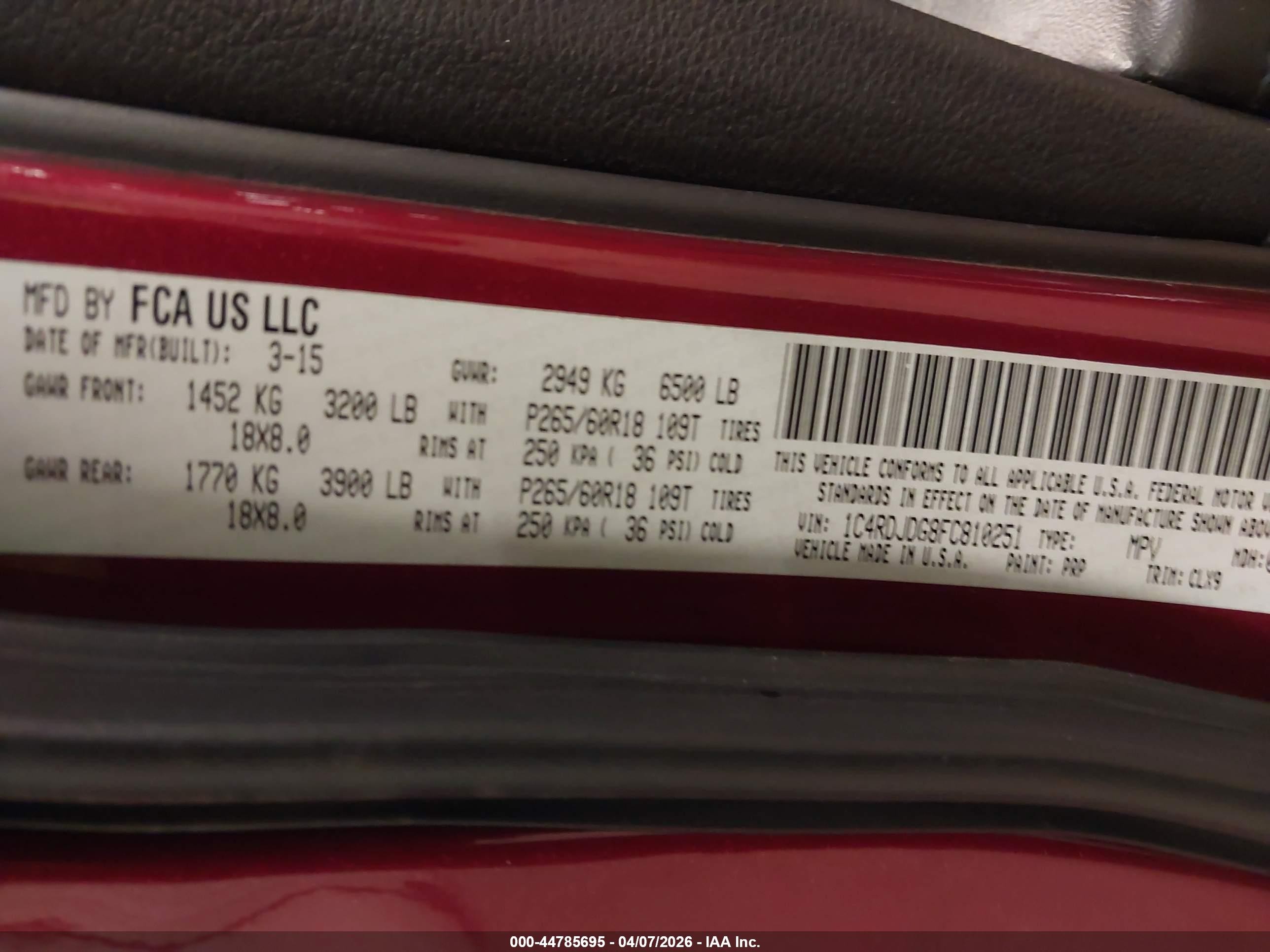 2015 Dodge Durango Limited Red vin: 1C4RDJDG8FC810251
