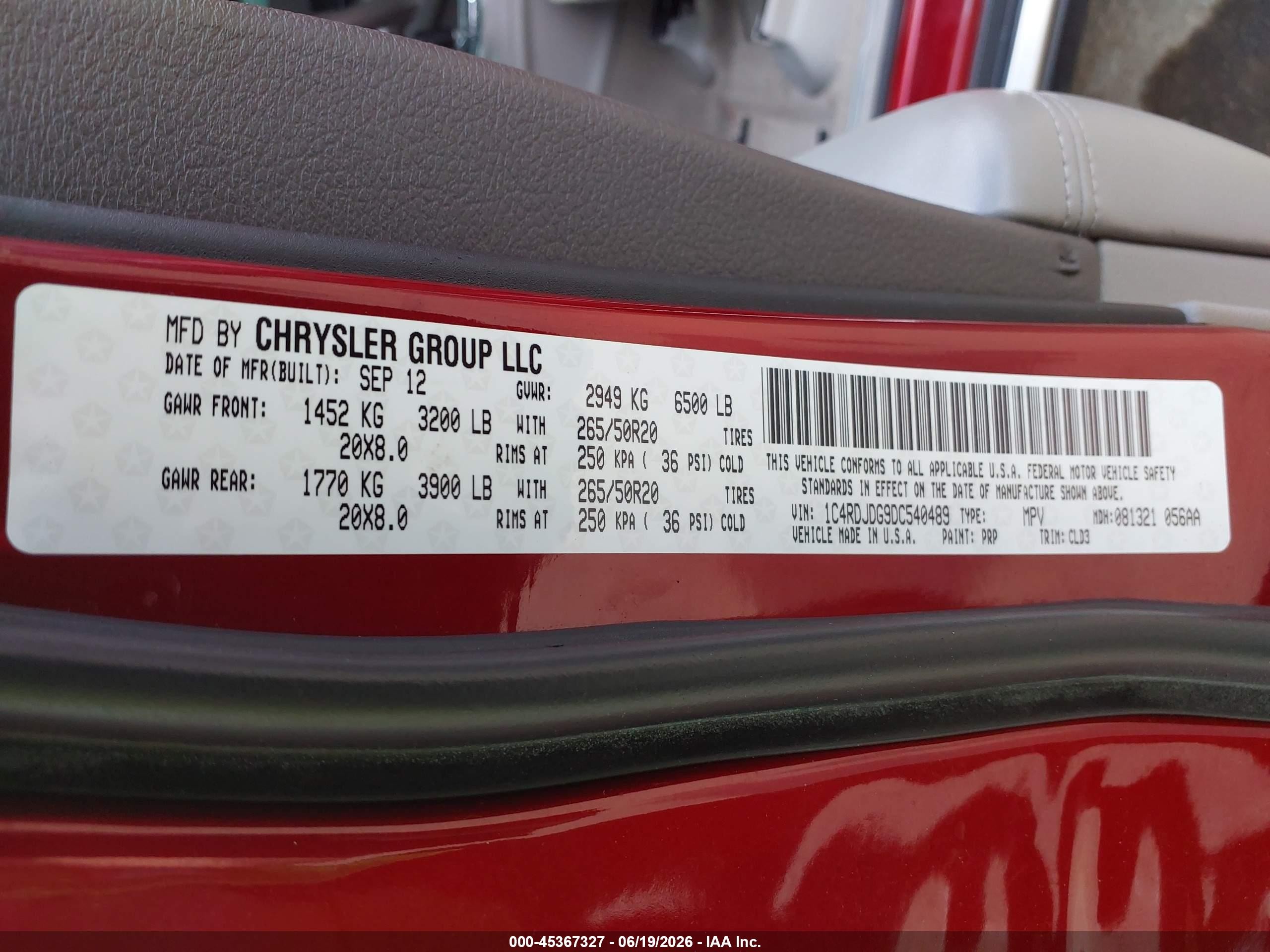 2013 Dodge Durango Crew Red vin: 1C4RDJDG9DC540489