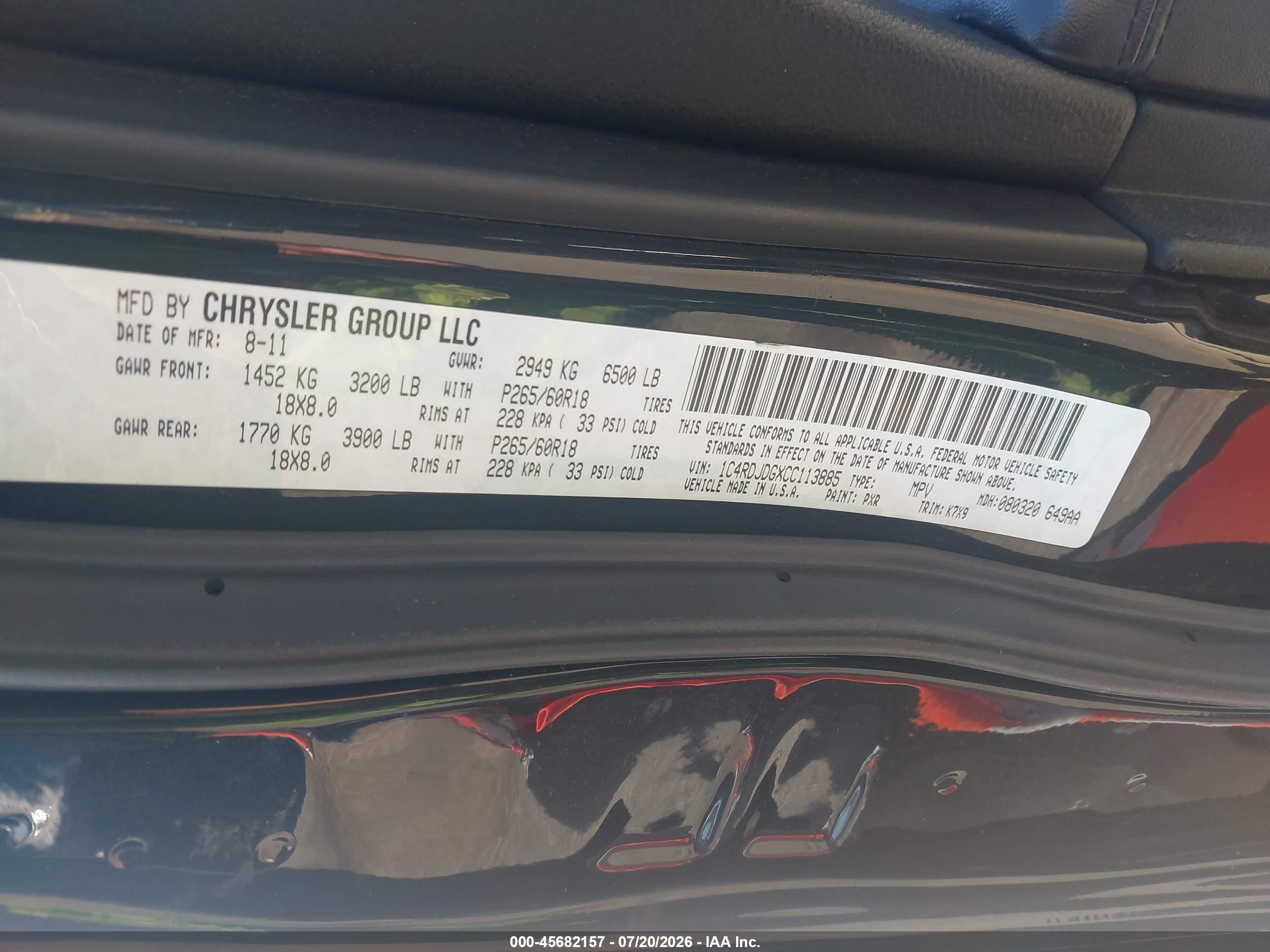 2012 Dodge Durango Crew Black vin: 1C4RDJDGXCC113885