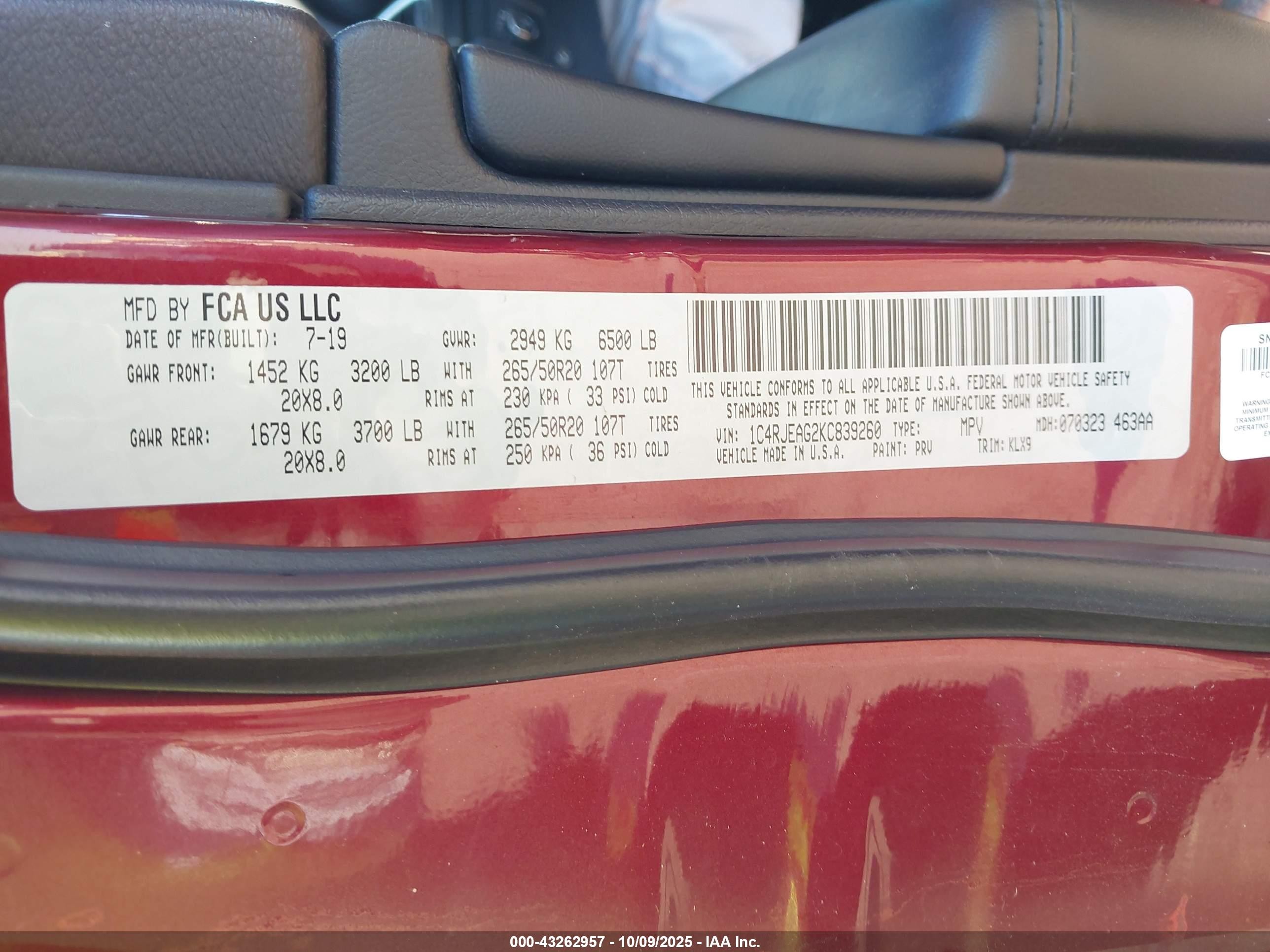 2019 Jeep Grand Cherokee Altitude 4x2 Red vin: 1C4RJEAG2KC839260