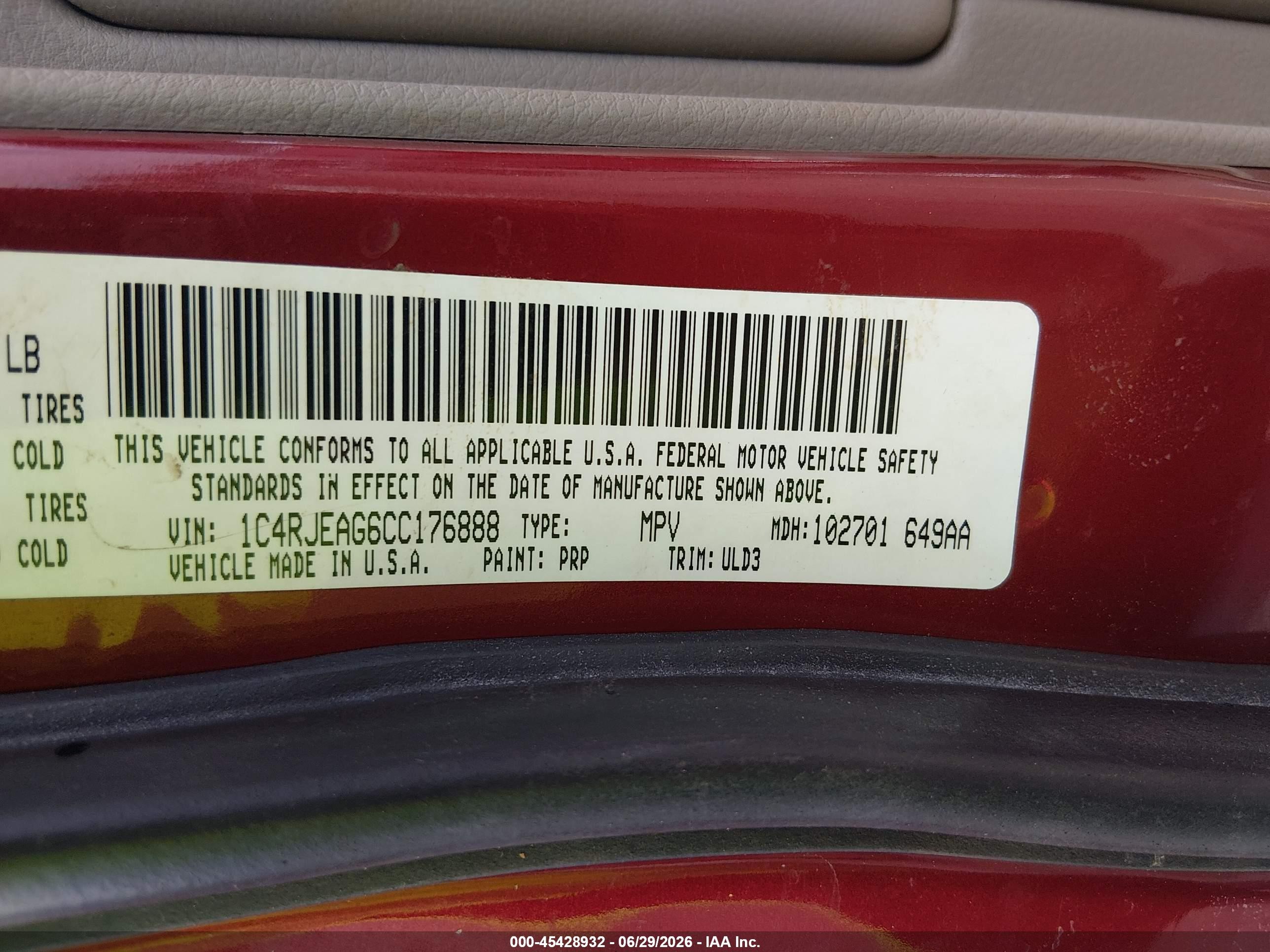 2012 Jeep Grand Cherokee Laredo Red vin: 1C4RJEAG6CC176888