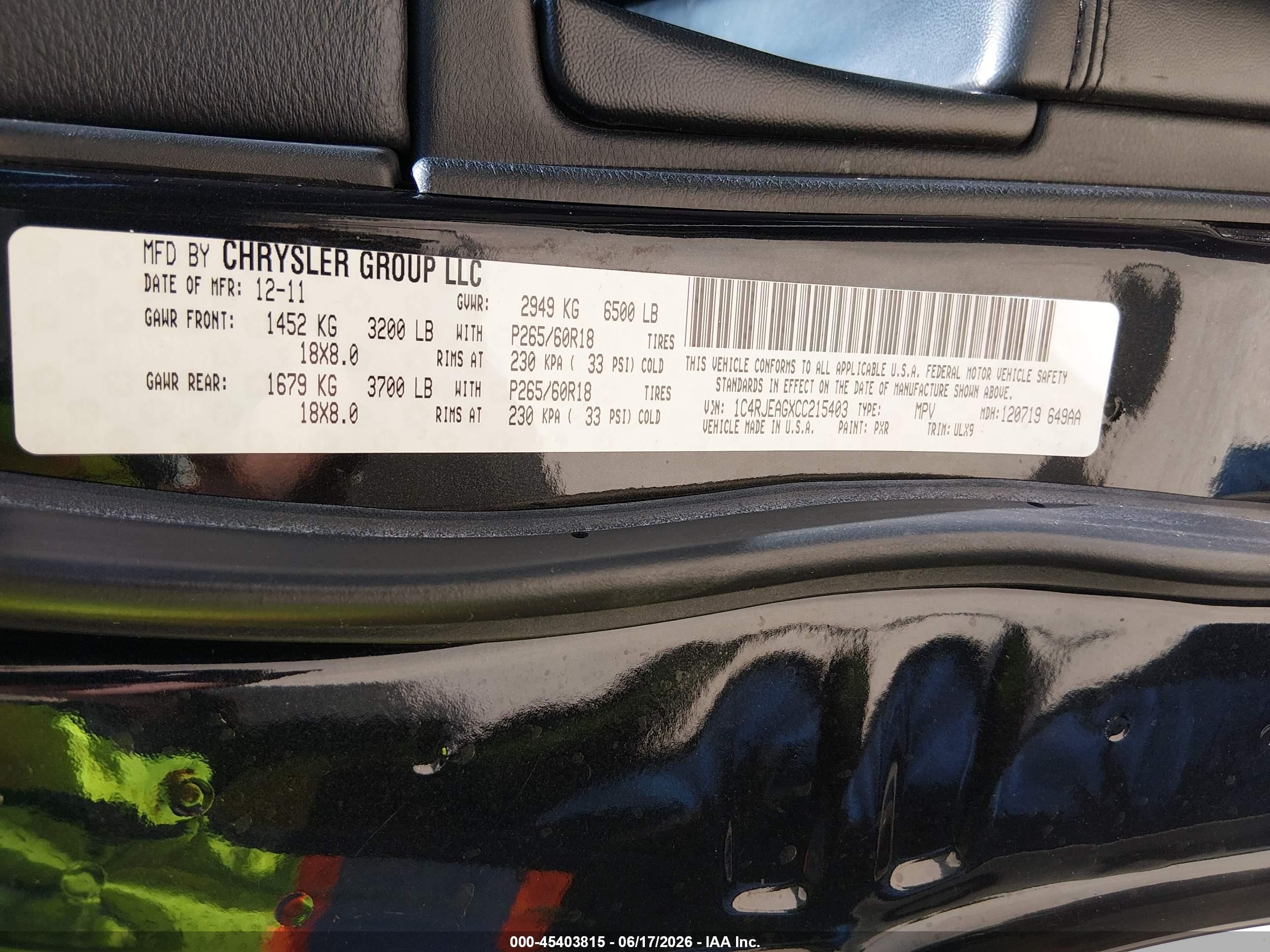 2012 Jeep Grand Cherokee Laredo Black vin: 1C4RJEAGXCC215403