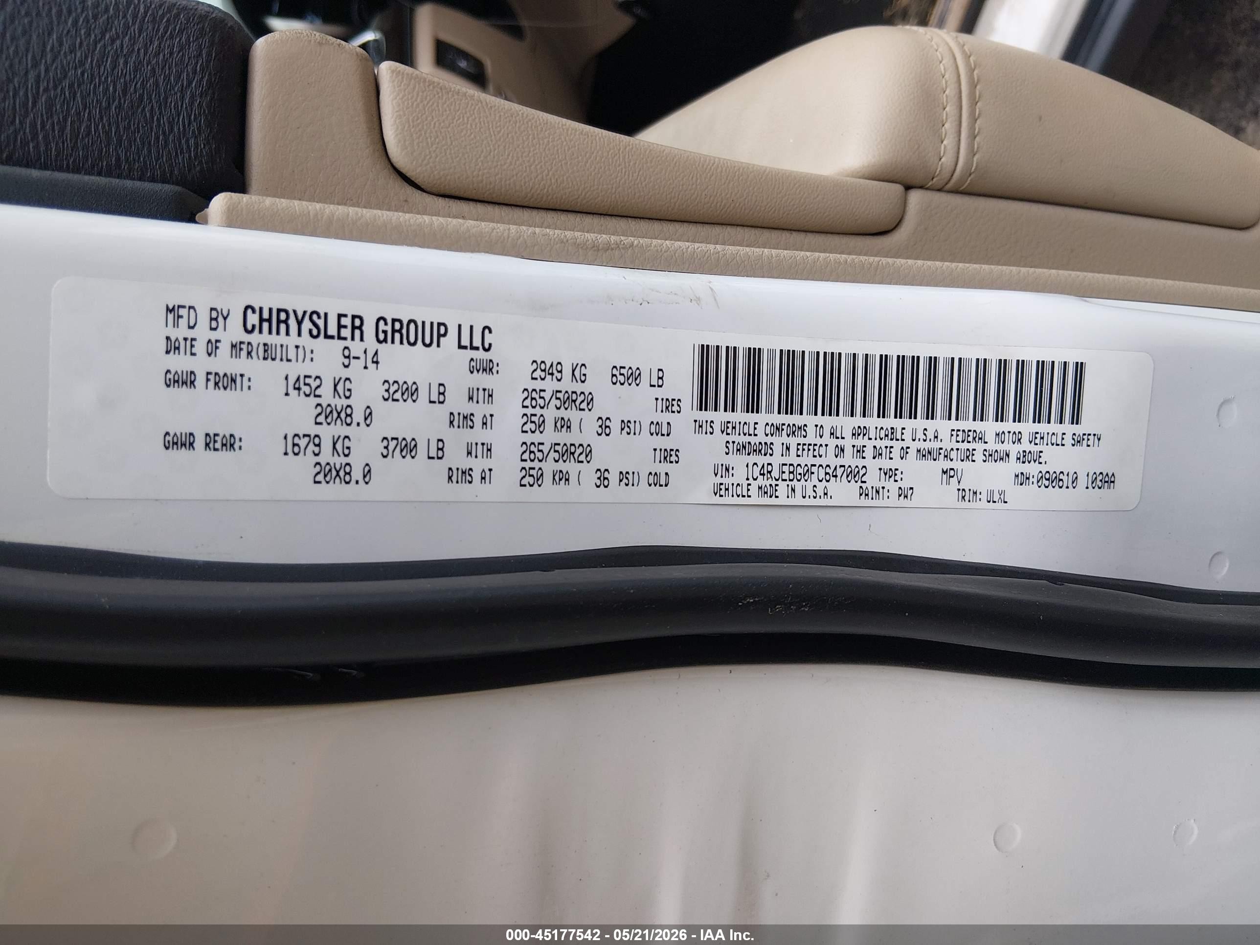 2015 Jeep Grand Cherokee Limited White vin: 1C4RJEBG0FC647002