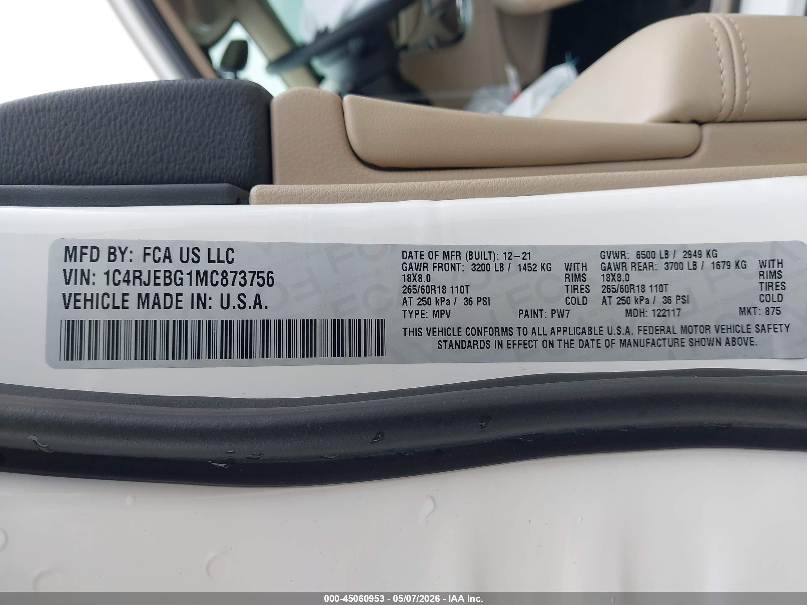 2021 Jeep Grand Cherokee Limited 4x2 White vin: 1C4RJEBG1MC873756