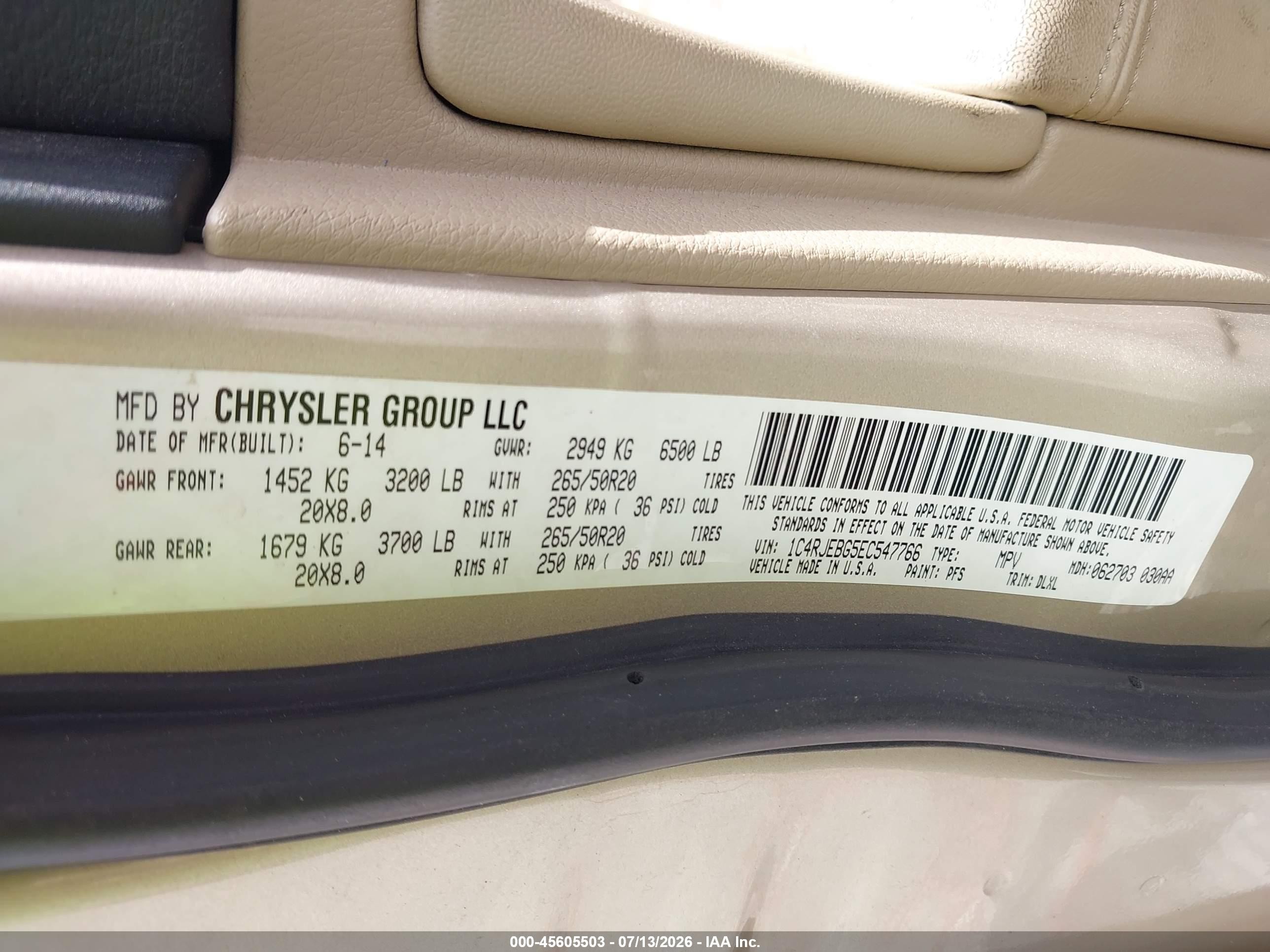 2014 Jeep Grand Cherokee Limited Champagne vin: 1C4RJEBG5EC547766