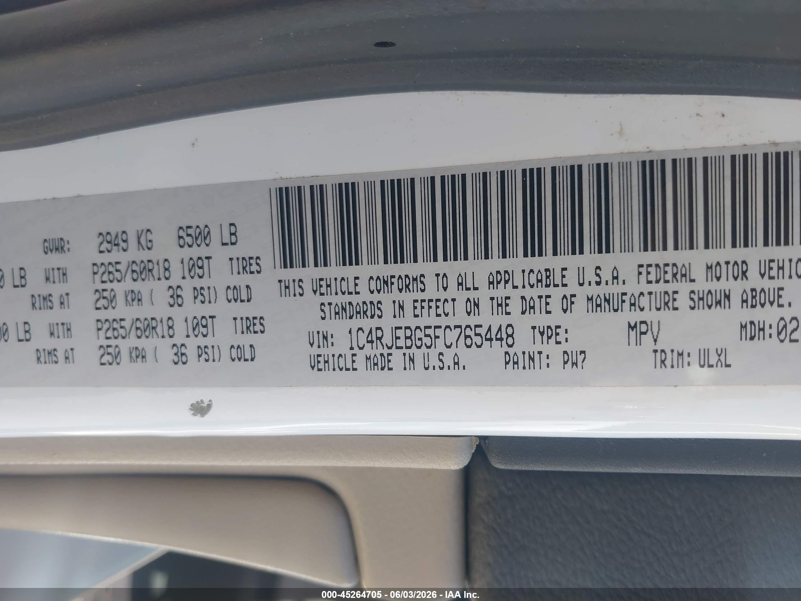2015 Jeep Grand Cherokee Limited White vin: 1C4RJEBG5FC765448