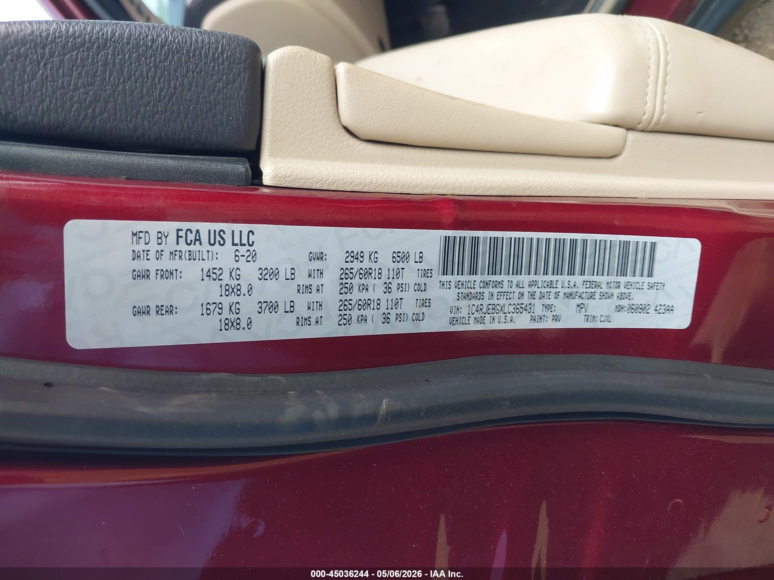 2020 Jeep Grand Cherokee Limited 4x2 Maroon vin: 1C4RJEBGXLC365431