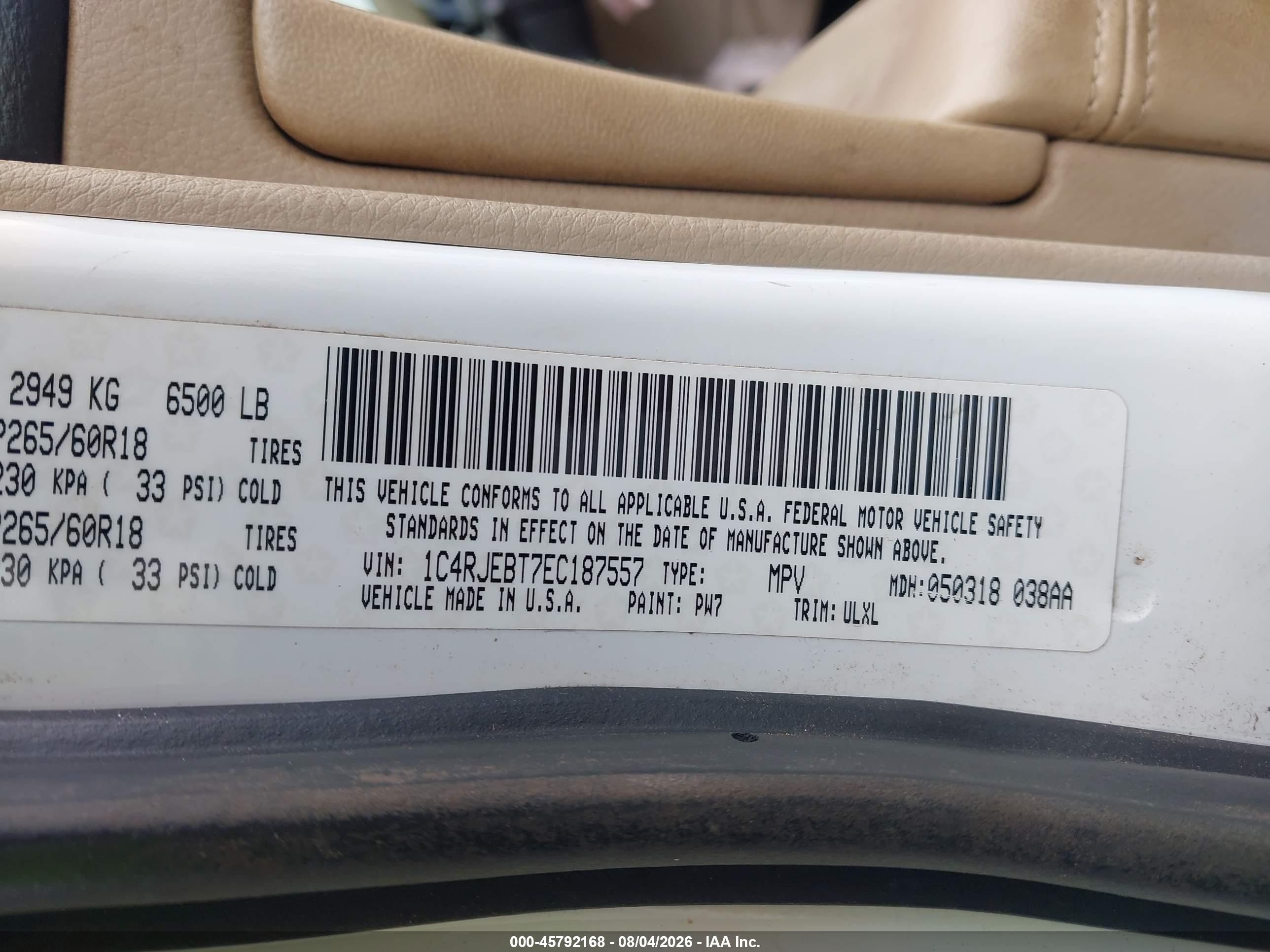 2014 Jeep Grand Cherokee Limited Белый vin: 1C4RJEBT7EC187557
