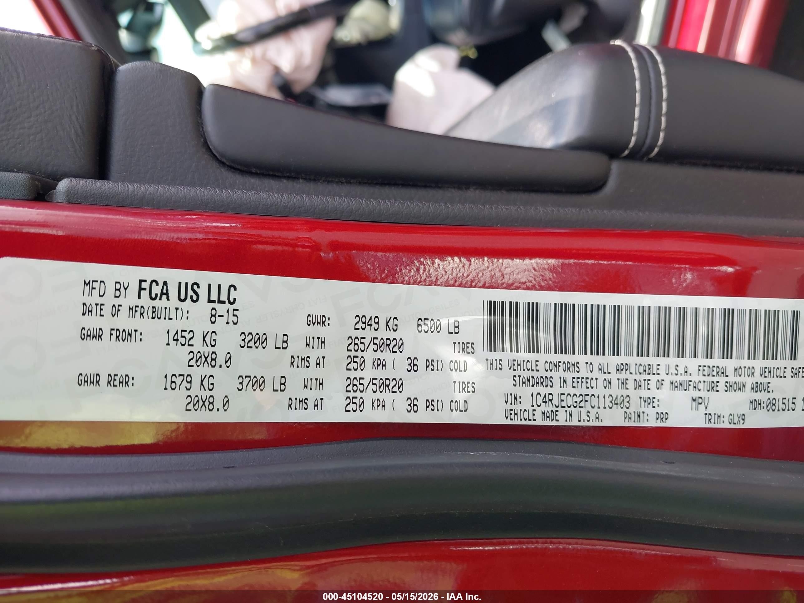 2015 Jeep Grand Cherokee Overland Red vin: 1C4RJECG2FC113403