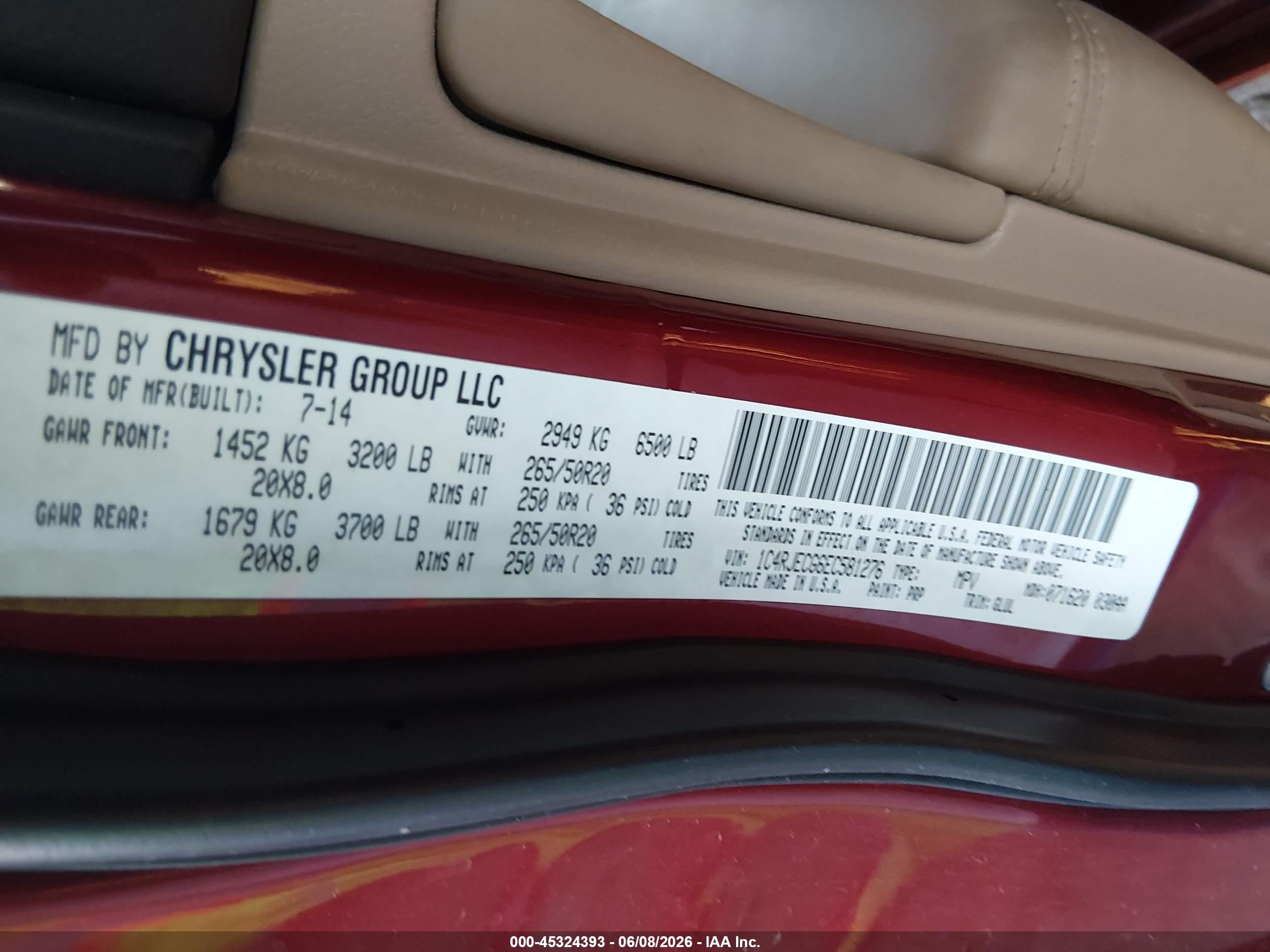 2014 Jeep Grand Cherokee Overland Red vin: 1C4RJECG6EC581276