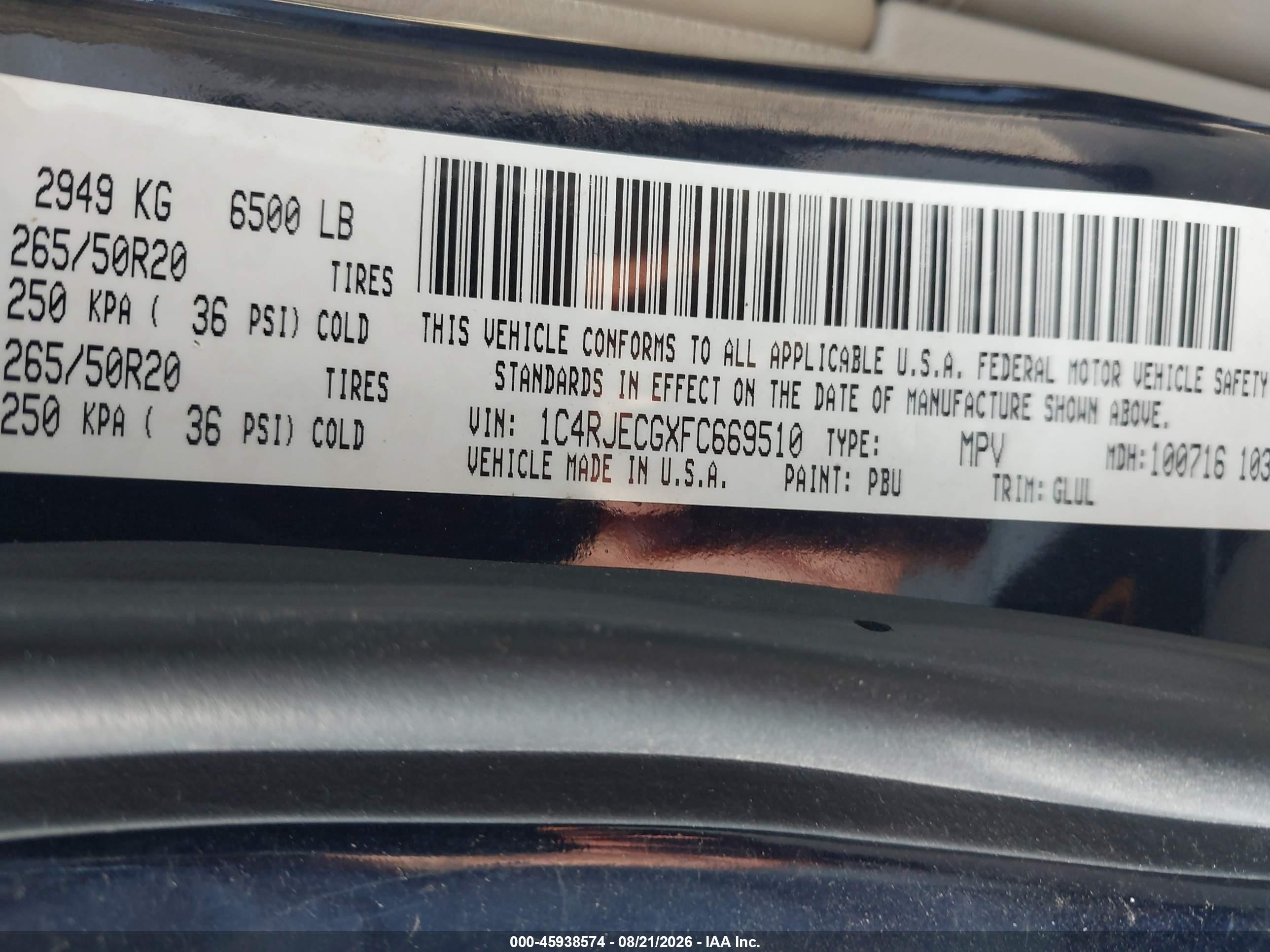 2015 Jeep Grand Cherokee Overland Blue vin: 1C4RJECGXFC669510