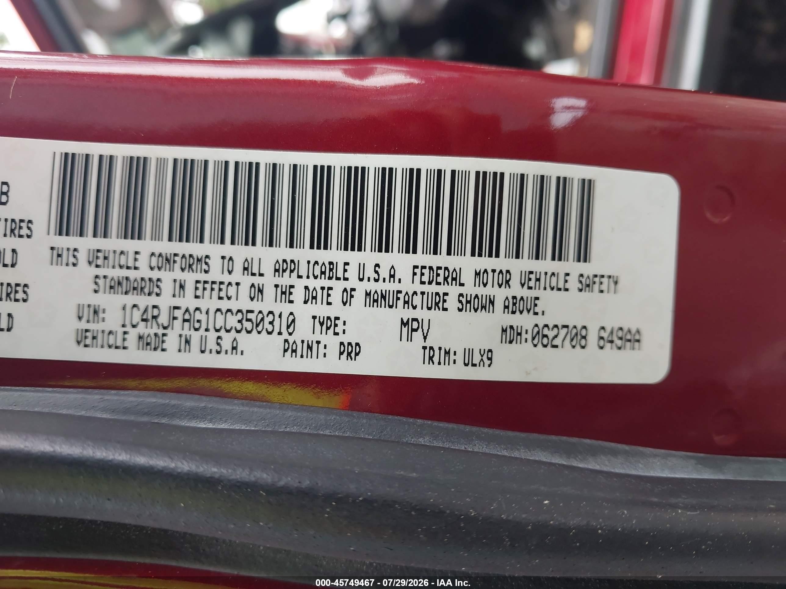 2012 Jeep Grand Cherokee Laredo Red vin: 1C4RJFAG1CC350310