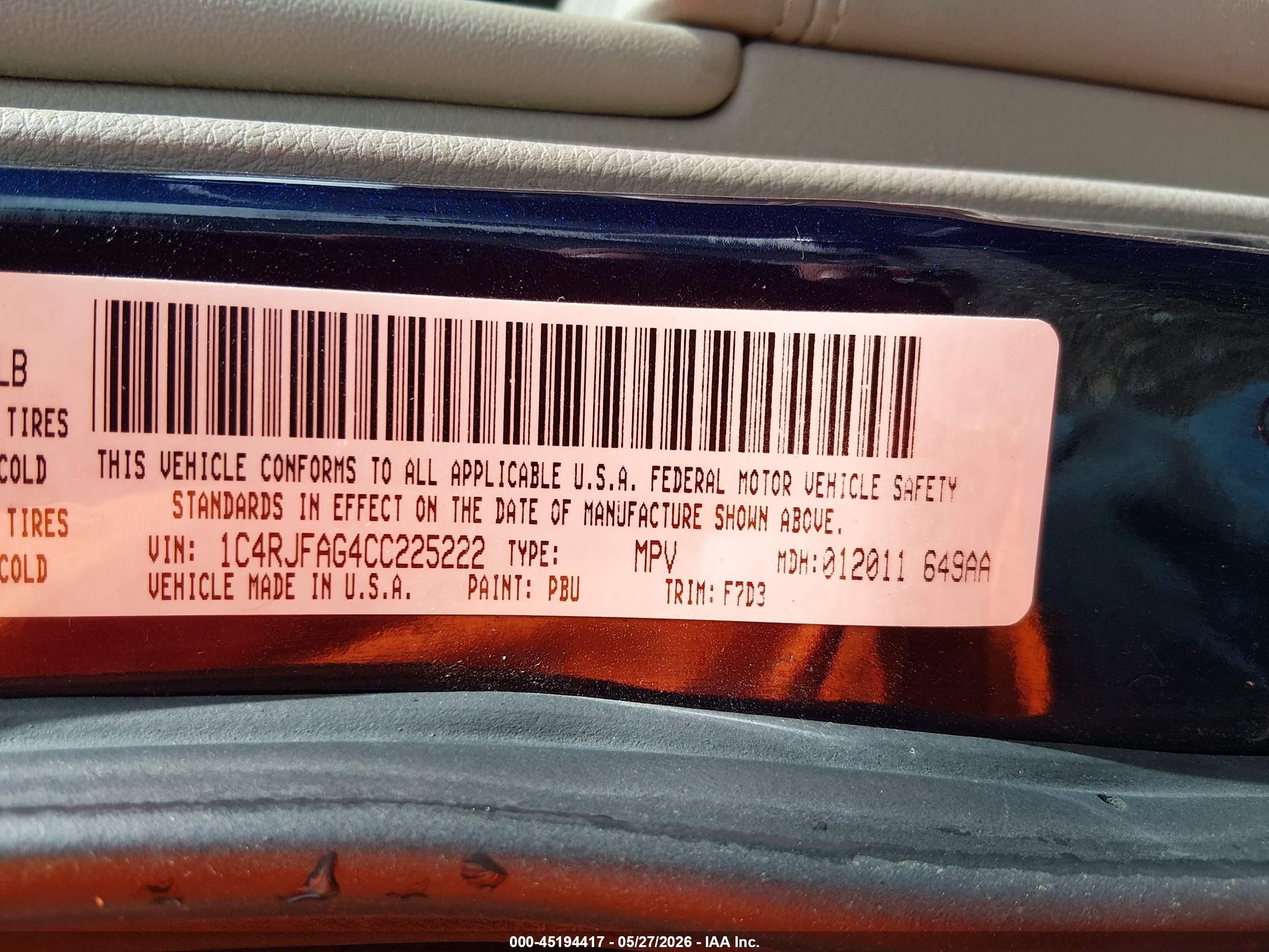 2012 Jeep Grand Cherokee Laredo Blue vin: 1C4RJFAG4CC225222