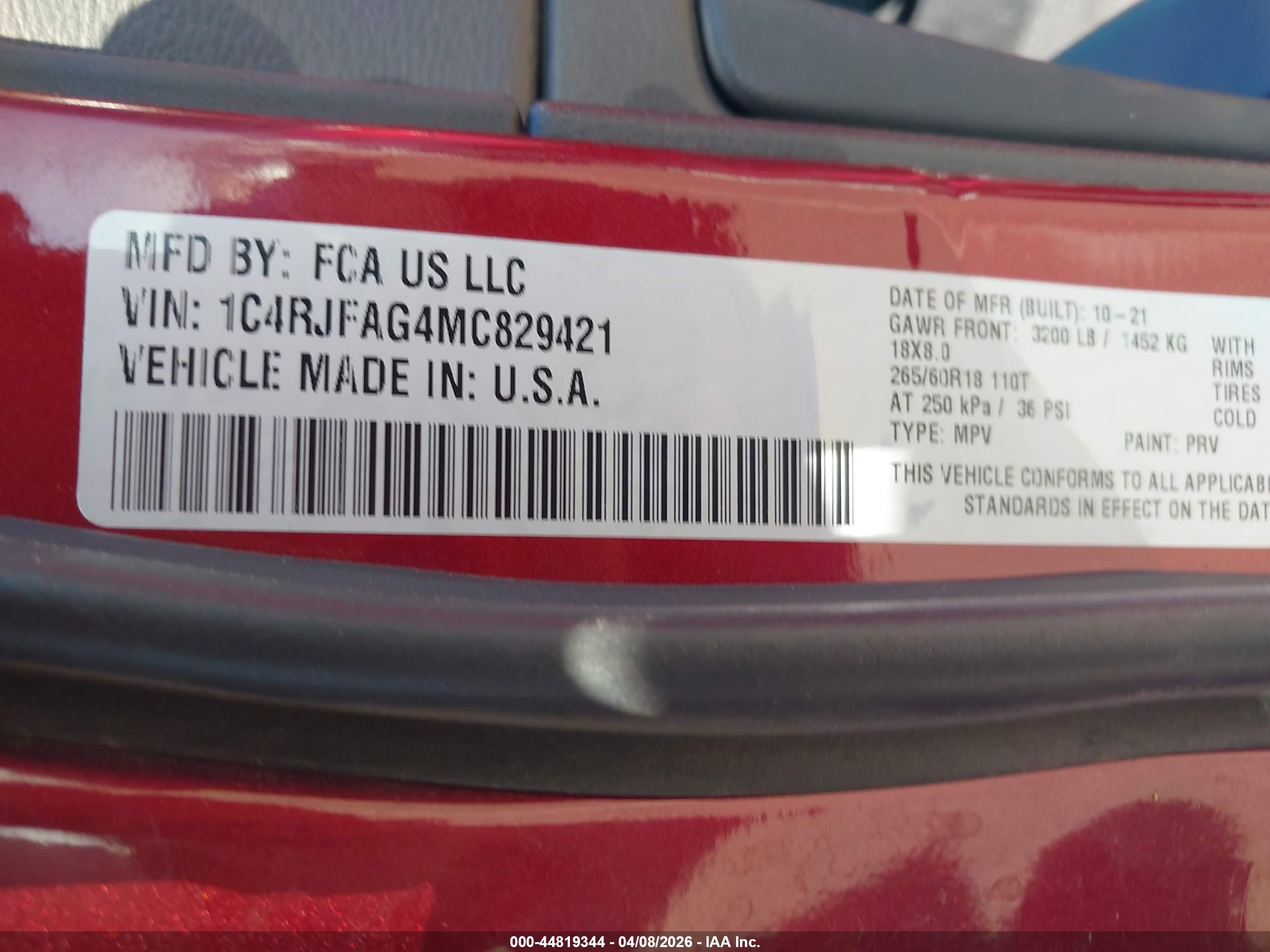 2021 Jeep Grand Cherokee Laredo X 4x4 Red vin: 1C4RJFAG4MC829421
