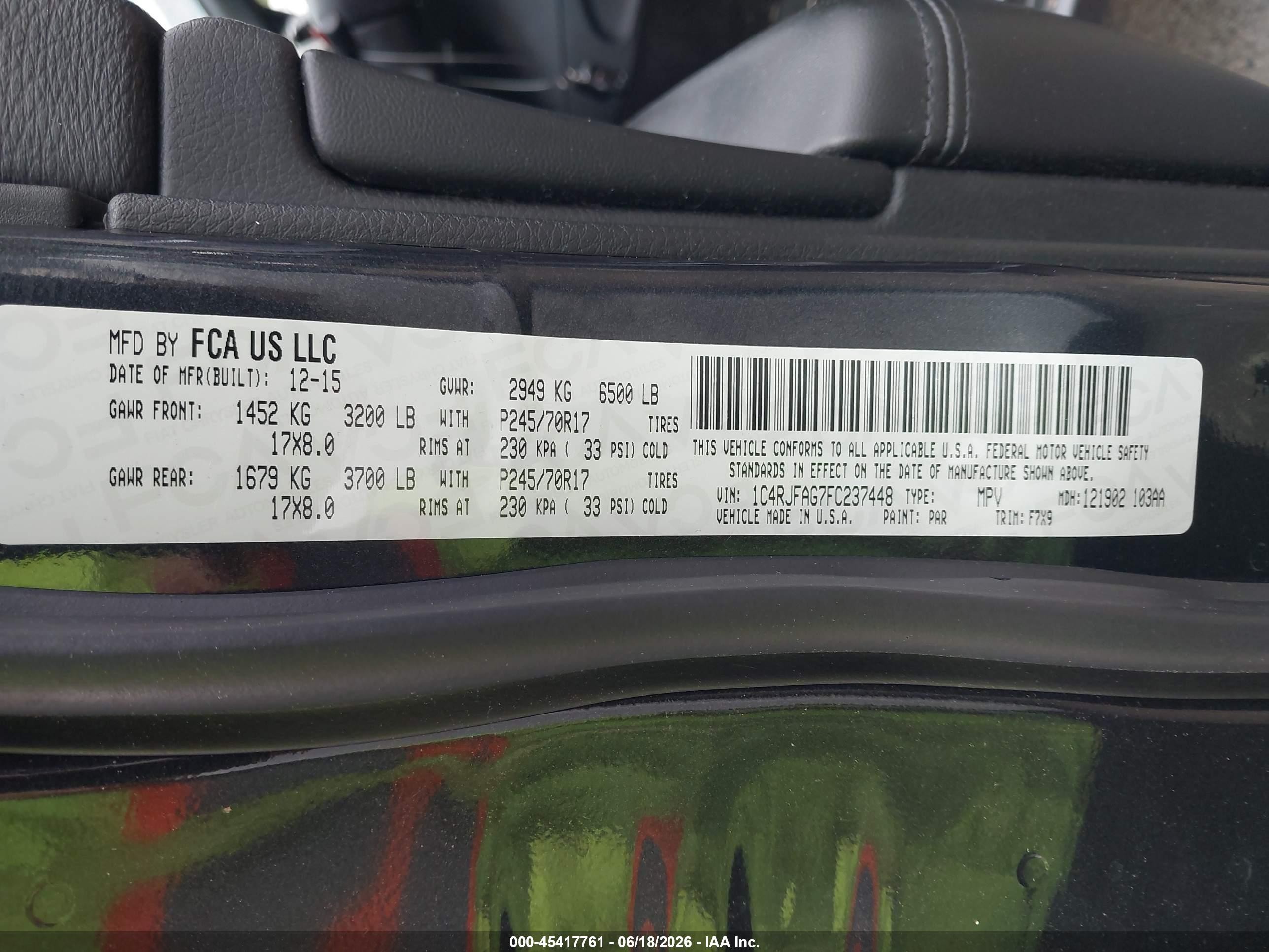 2015 Jeep Grand Cherokee Laredo Black vin: 1C4RJFAG7FC237448