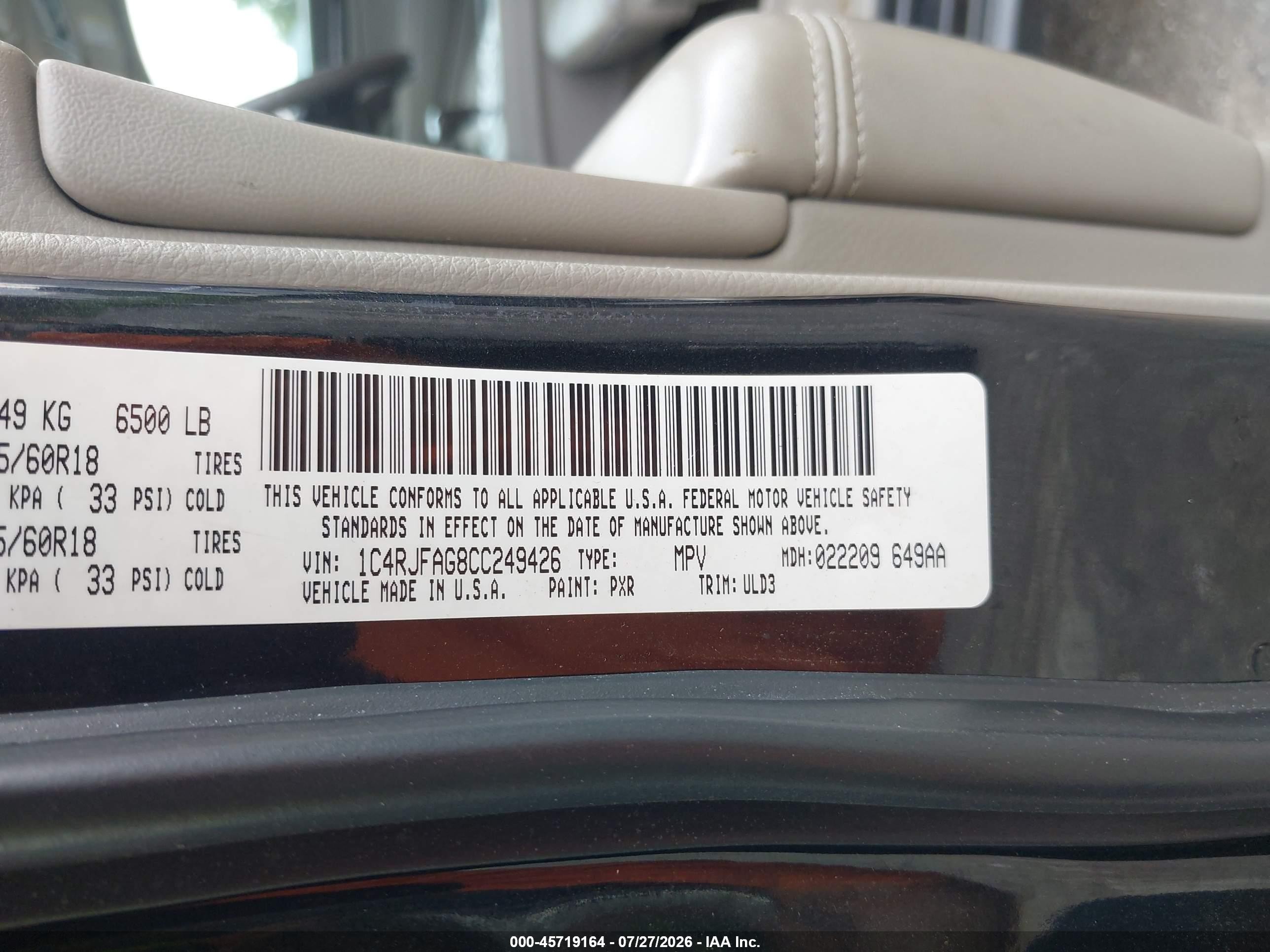 2012 Jeep Grand Cherokee Laredo Black vin: 1C4RJFAG8CC249426