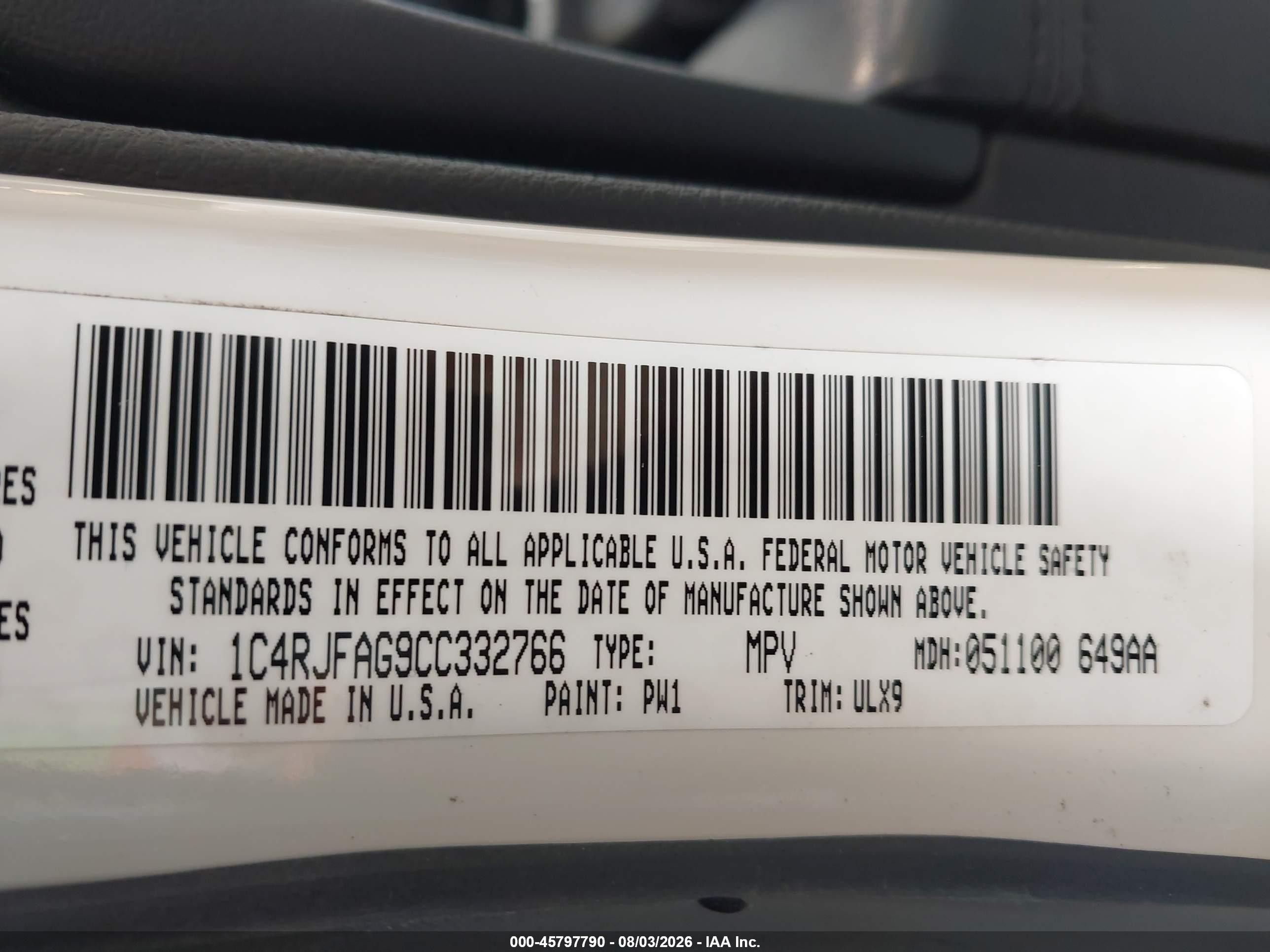 2012 Jeep Grand Cherokee Laredo Белый vin: 1C4RJFAG9CC332766