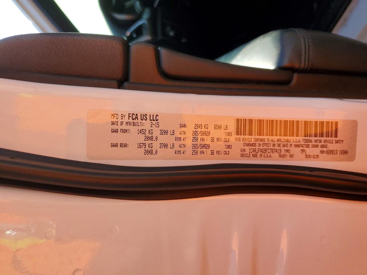 2015 Jeep Grand Cher White vin: 1C4RJFAG9FC767419