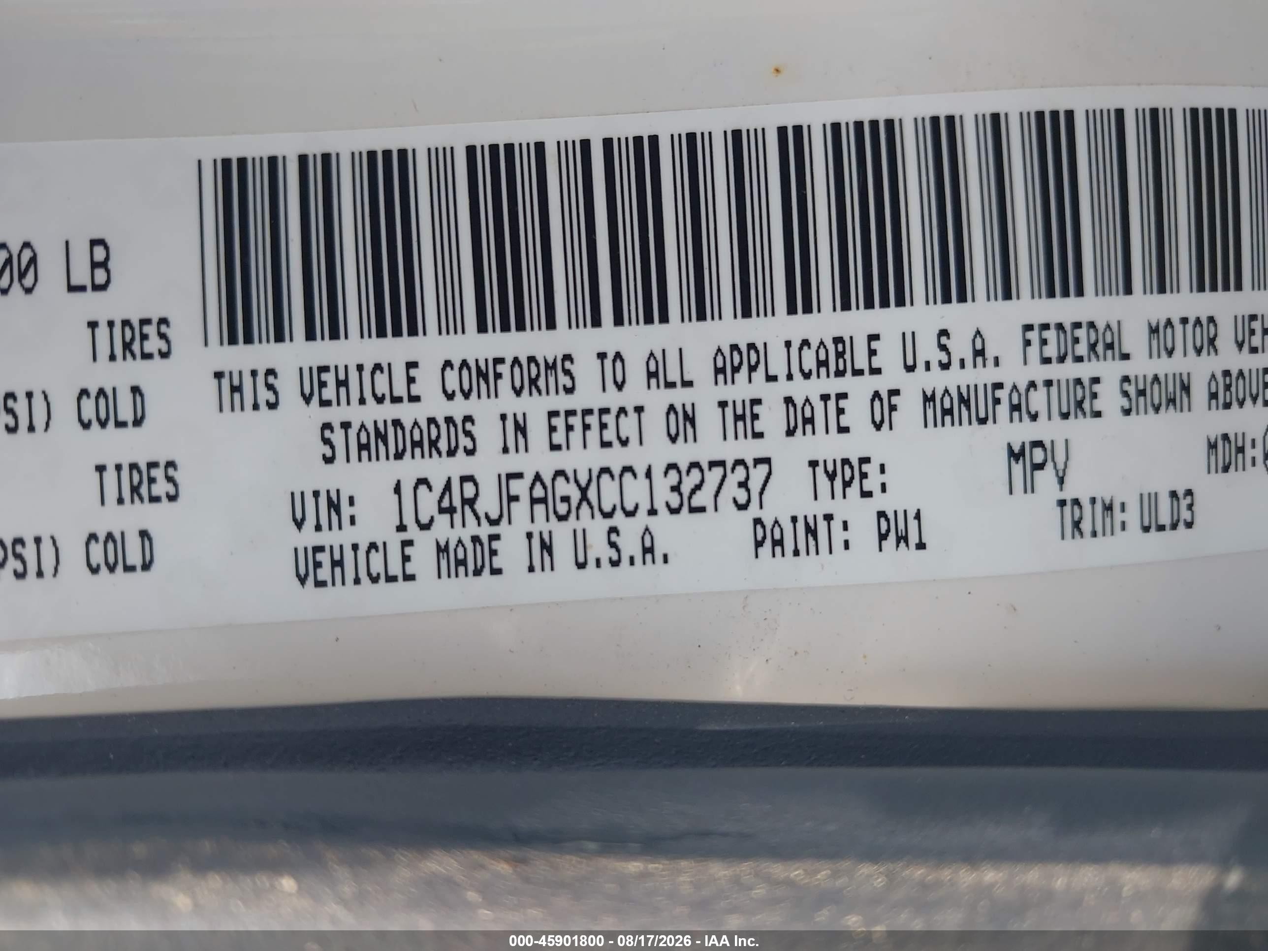 2012 Jeep Grand Cherokee Laredo Белый vin: 1C4RJFAGXCC132737