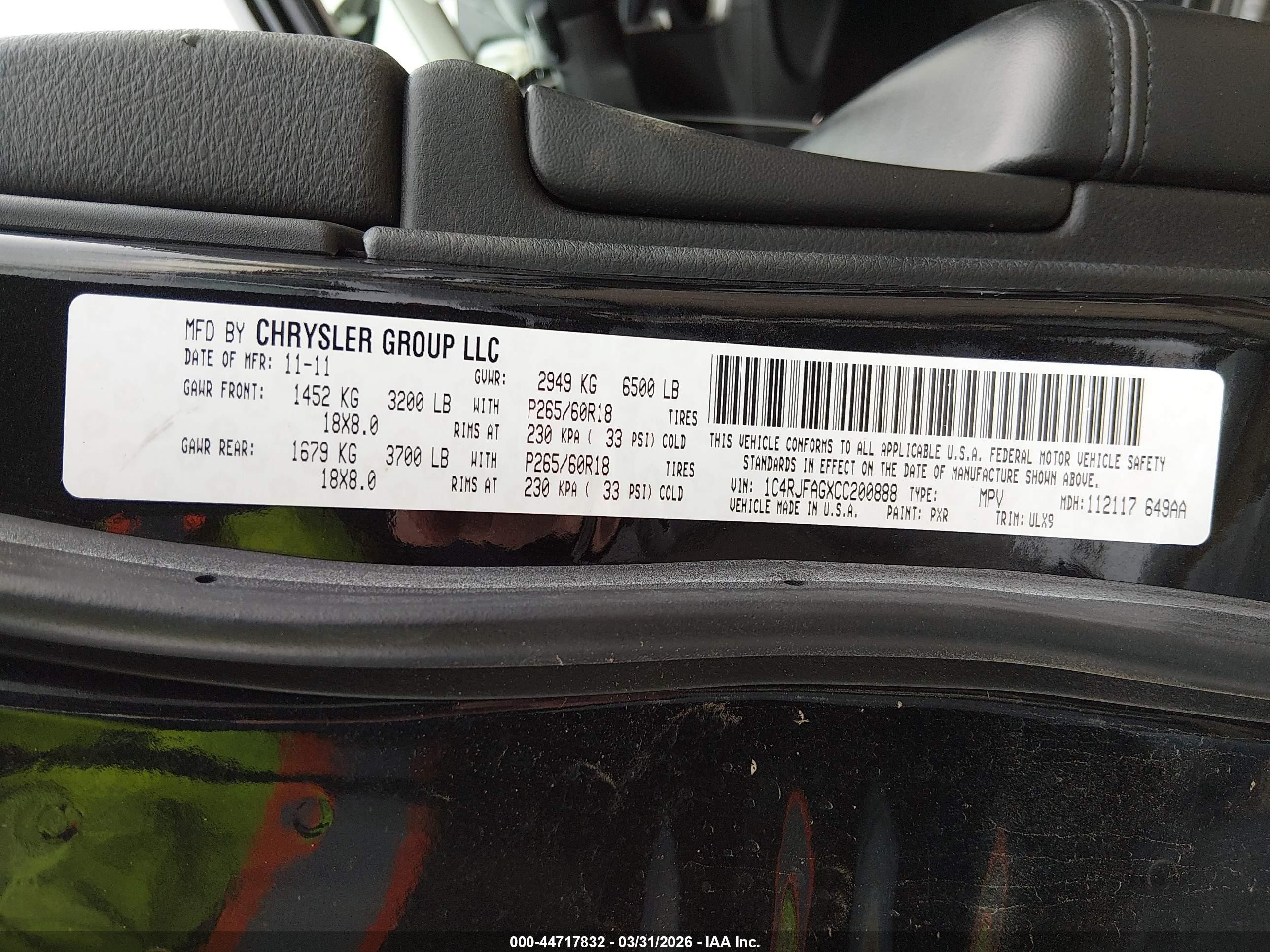 2012 Jeep Grand Cherokee Laredo Black vin: 1C4RJFAGXCC200888