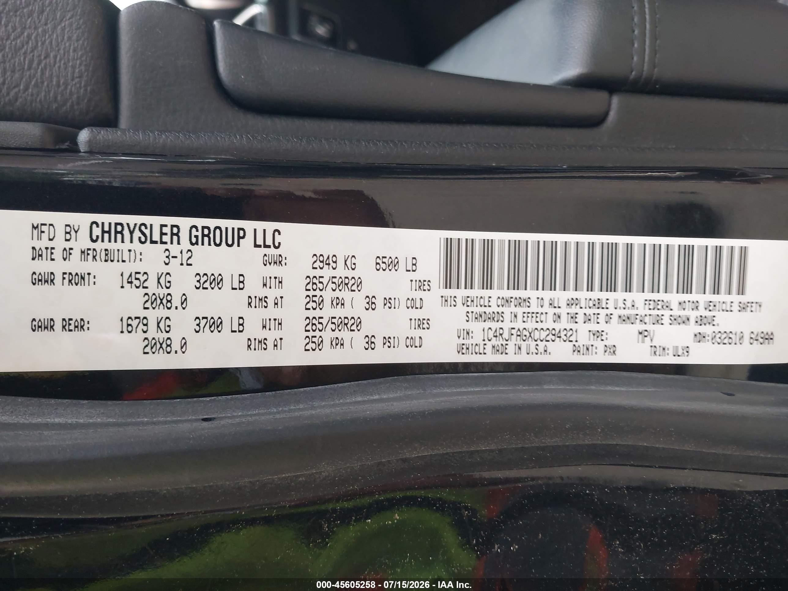 2012 Jeep Grand Cherokee Laredo Черный vin: 1C4RJFAGXCC294321