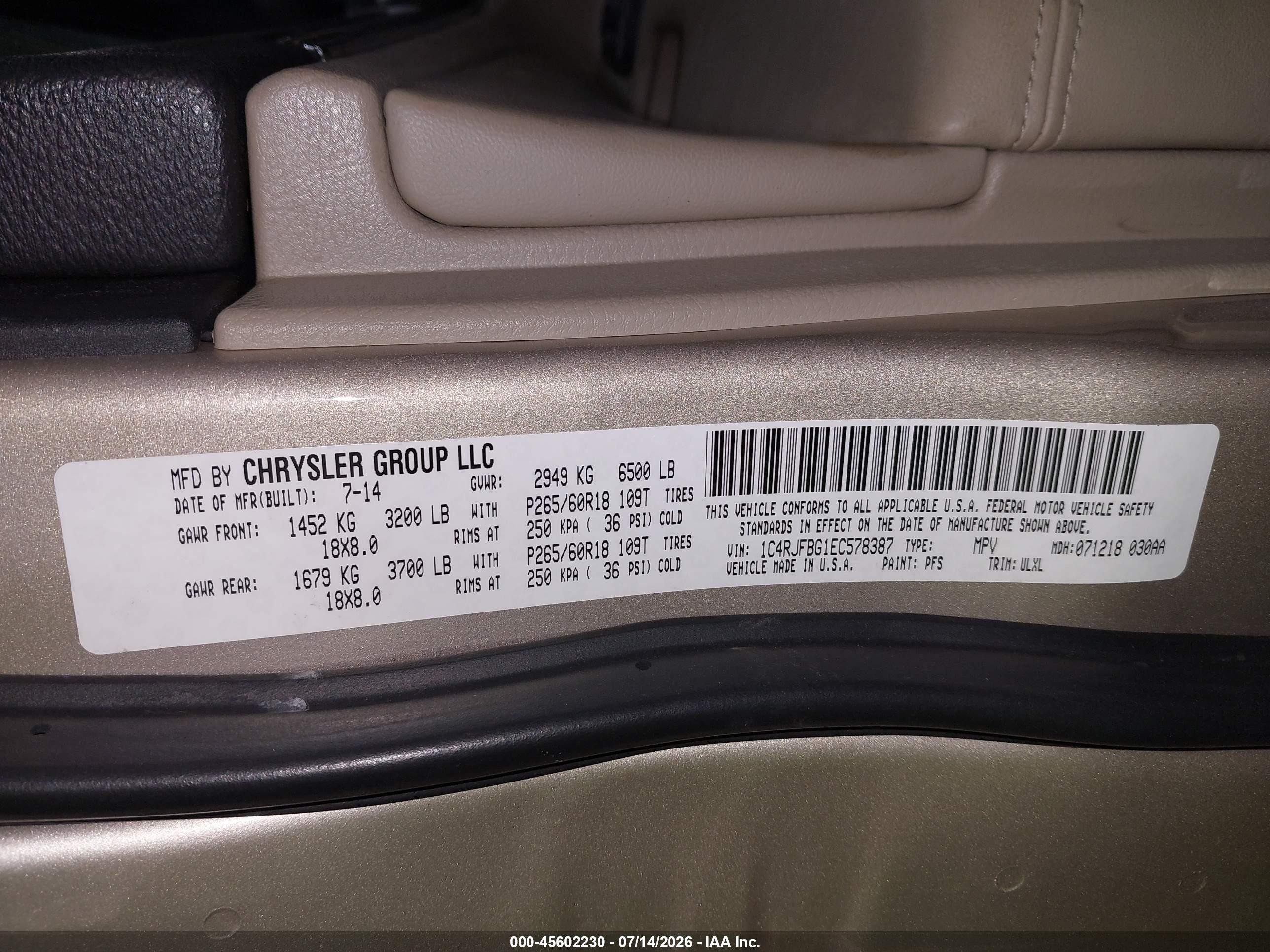 2014 Jeep Grand Cherokee Limited Gold vin: 1C4RJFBG1EC578387