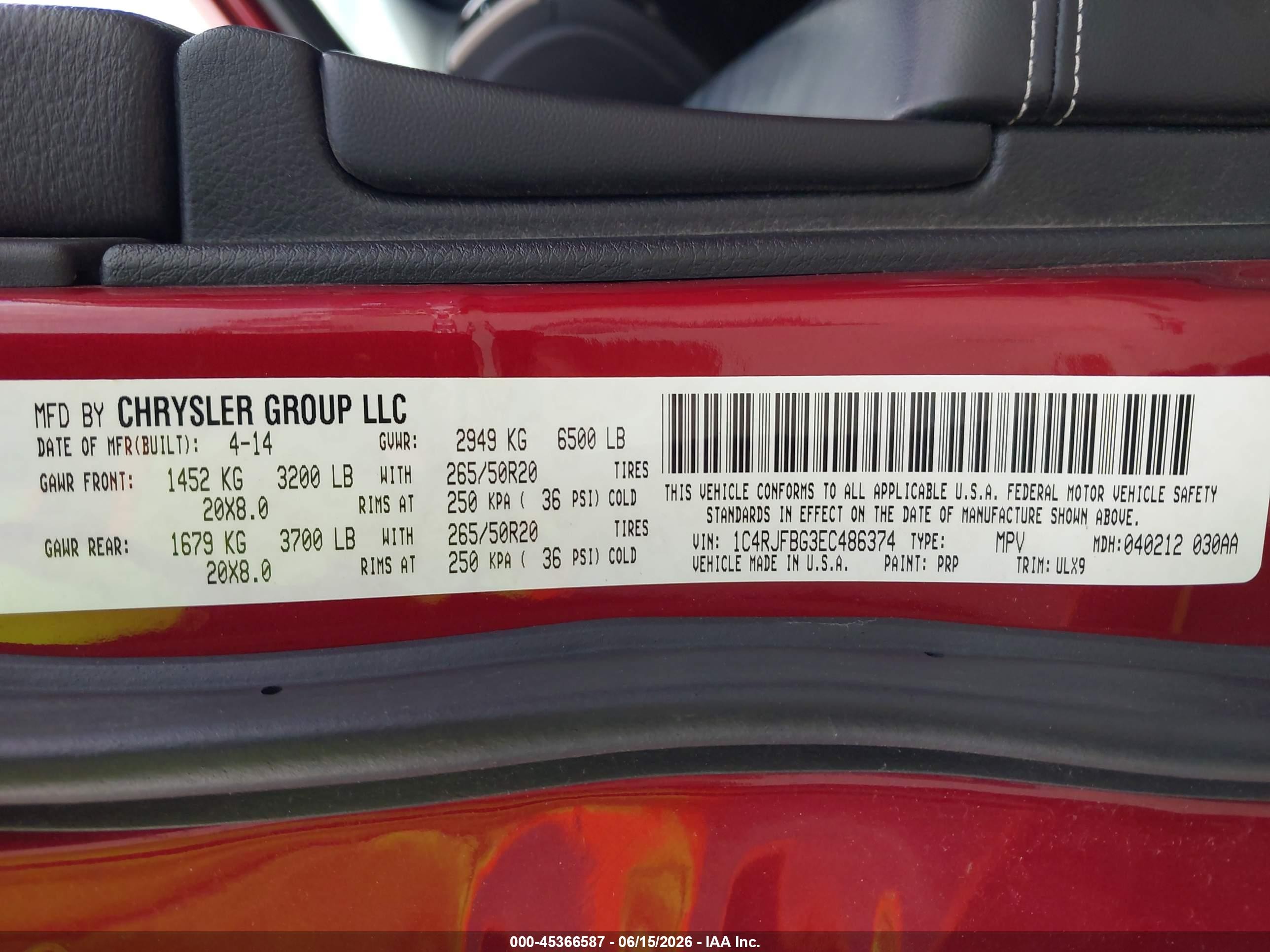 2014 Jeep Grand Cherokee Limited Red vin: 1C4RJFBG3EC486374
