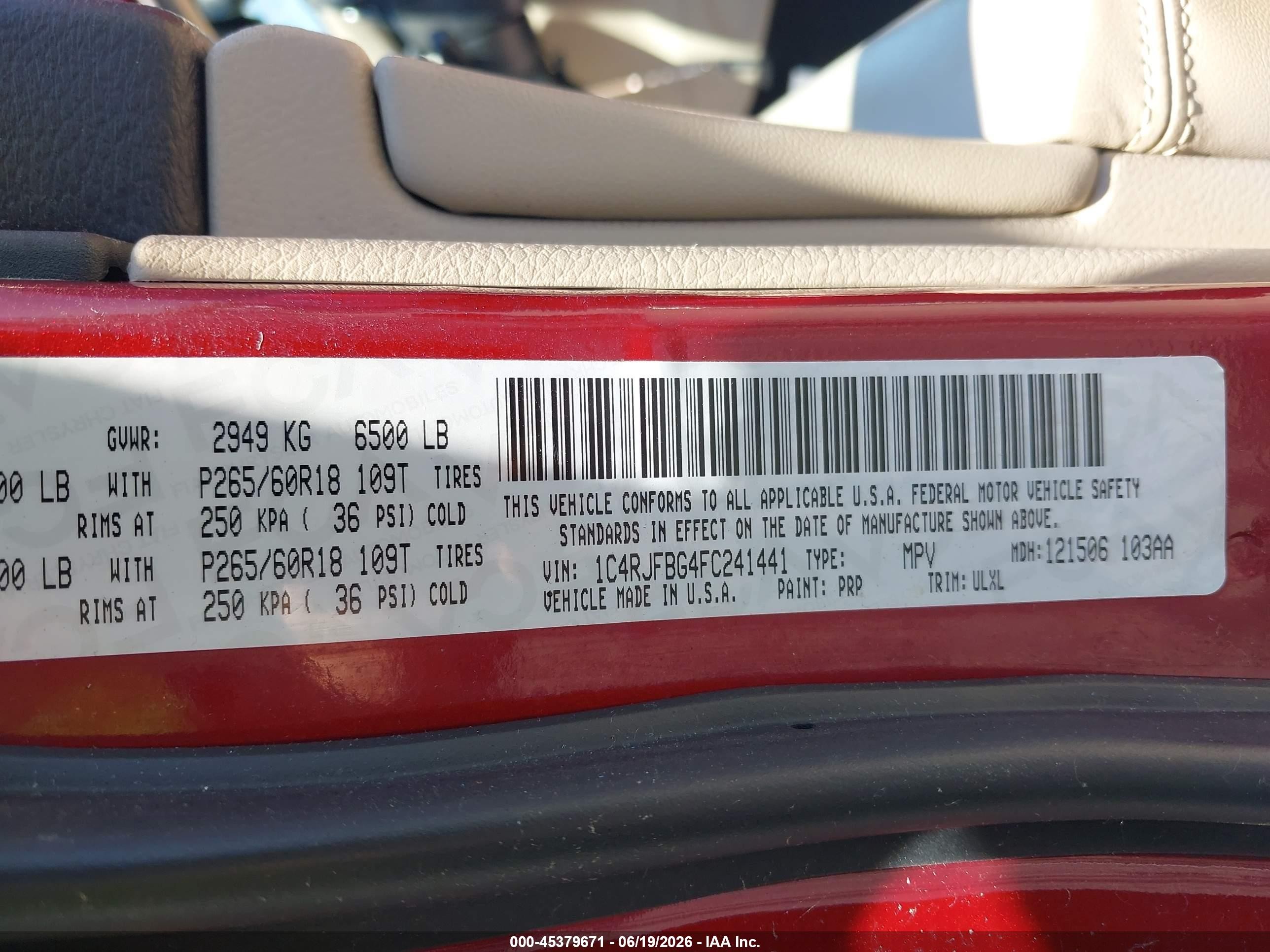 2015 Jeep Grand Cherokee Limited Red vin: 1C4RJFBG4FC241441