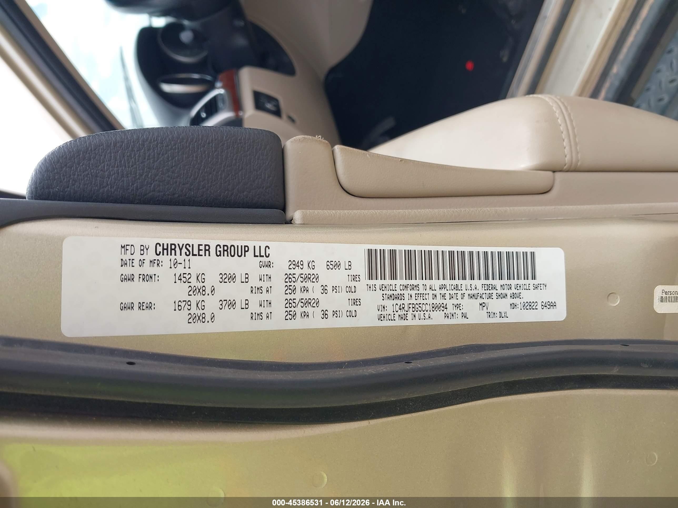 2012 Jeep Grand Cherokee Limited Gold vin: 1C4RJFBG5CC180094