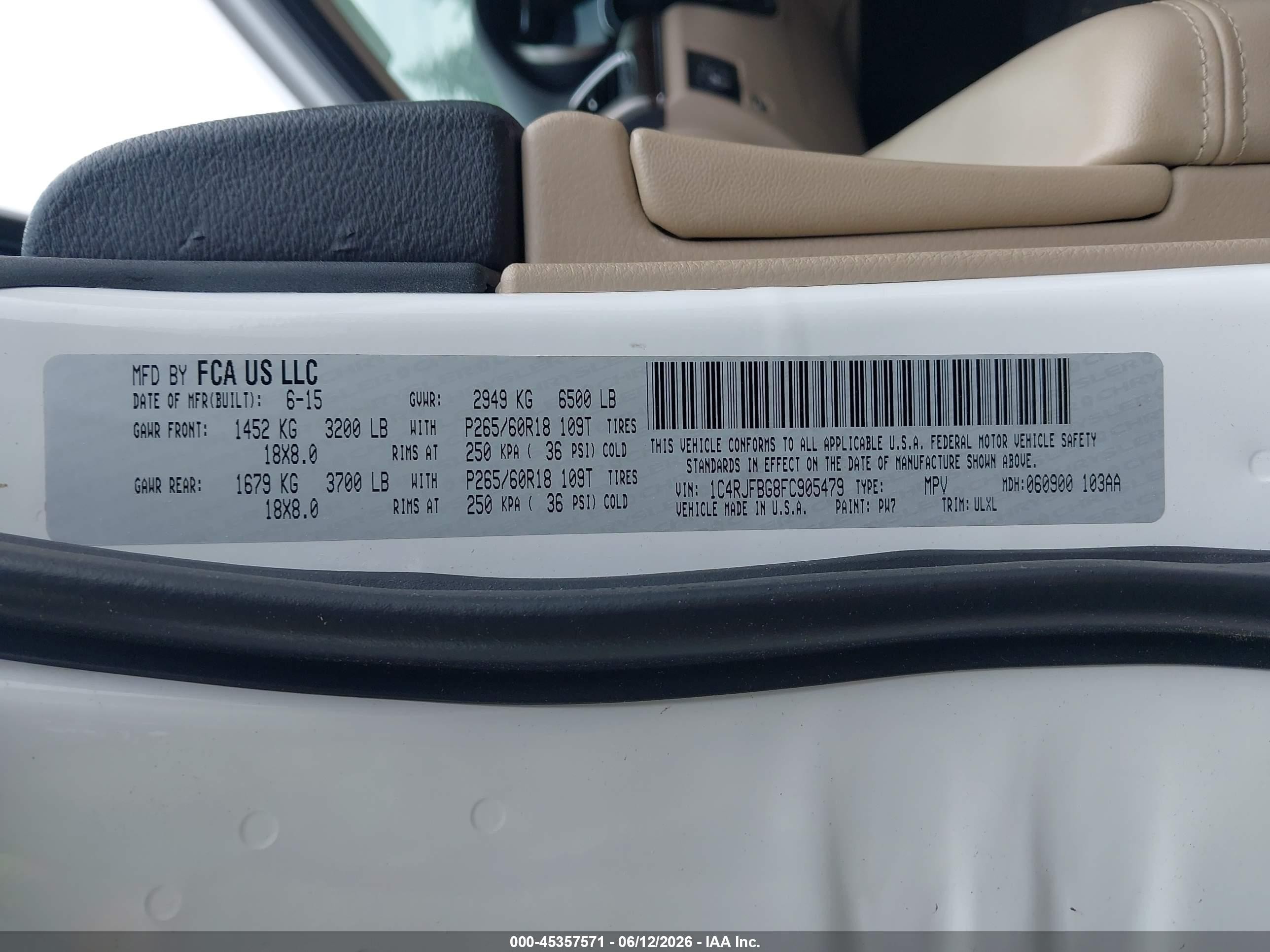 2015 Jeep Grand Cherokee Limited White vin: 1C4RJFBG8FC905479