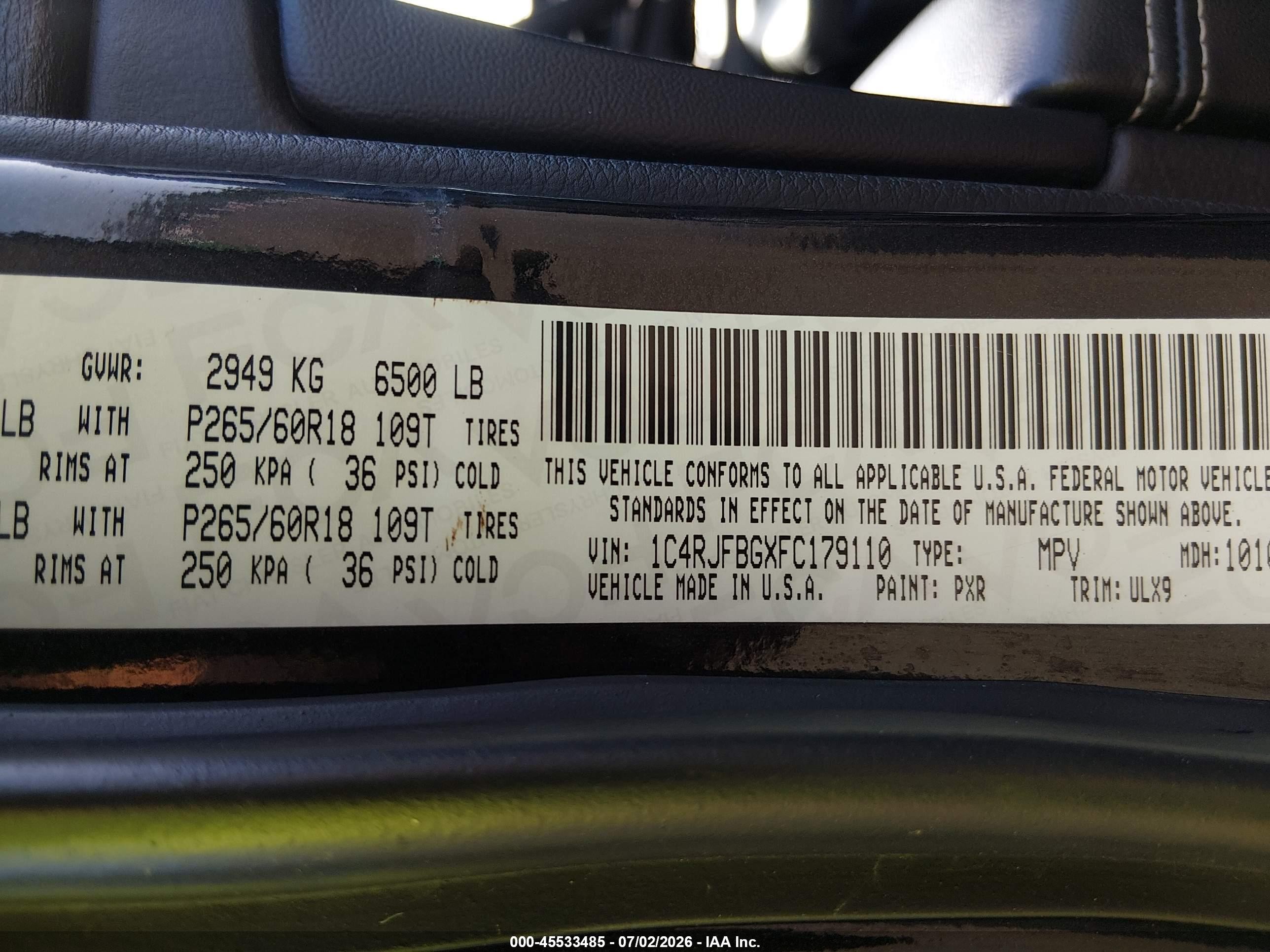 2015 Jeep Grand Cherokee Limited Black vin: 1C4RJFBGXFC179110
