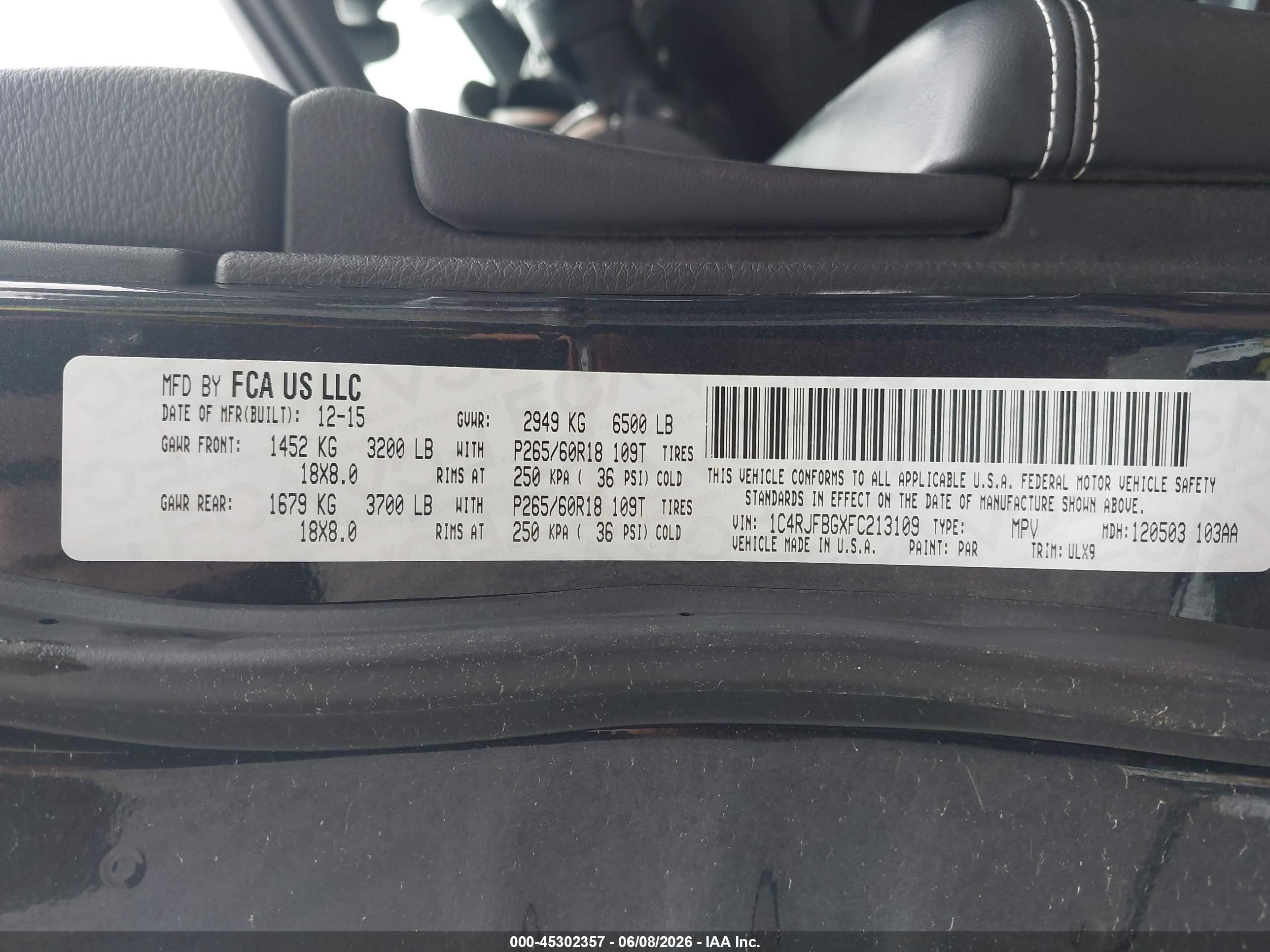 2015 Jeep Grand Cherokee Limited Black vin: 1C4RJFBGXFC213109