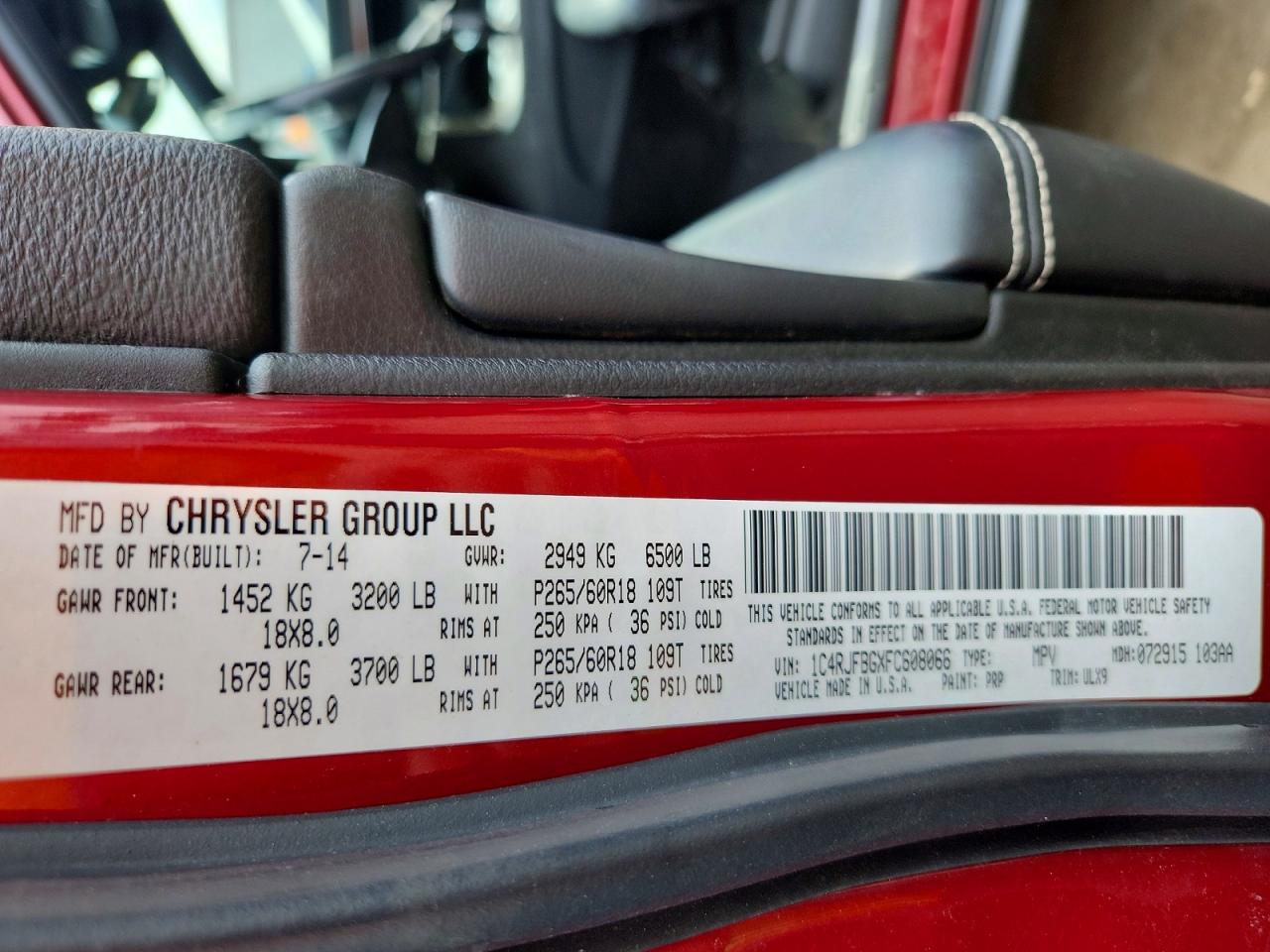 2015 Jeep Grand Cherokee Limited Red vin: 1C4RJFBGXFC608066