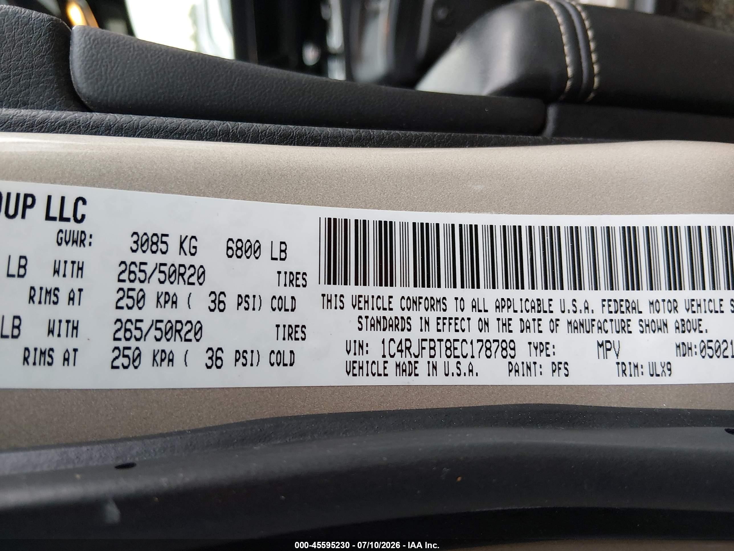 2014 Jeep Grand Cherokee Limited Champagne vin: 1C4RJFBT8EC178789