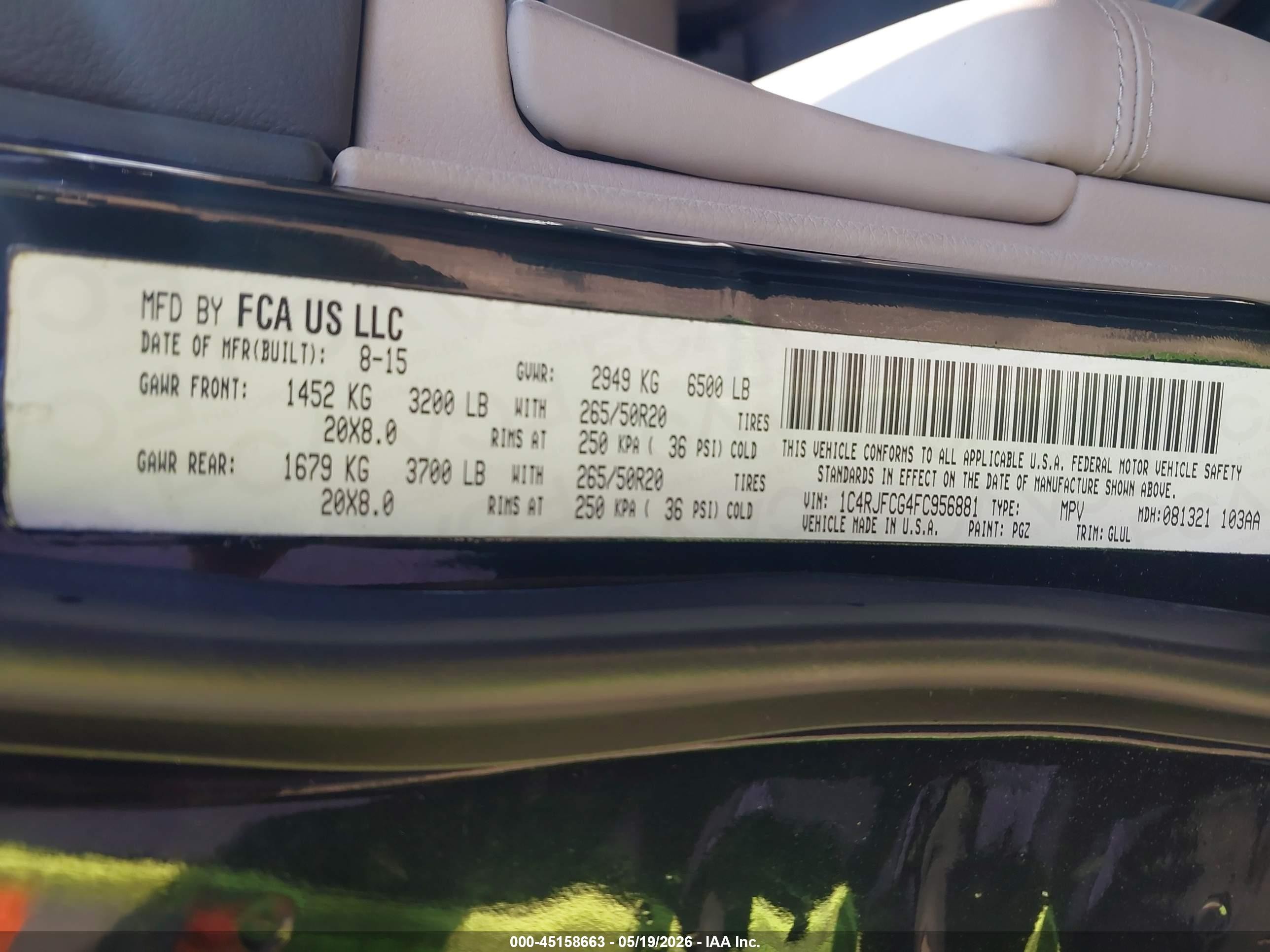 2015 Jeep Grand Cherokee Overland Green vin: 1C4RJFCG4FC956881