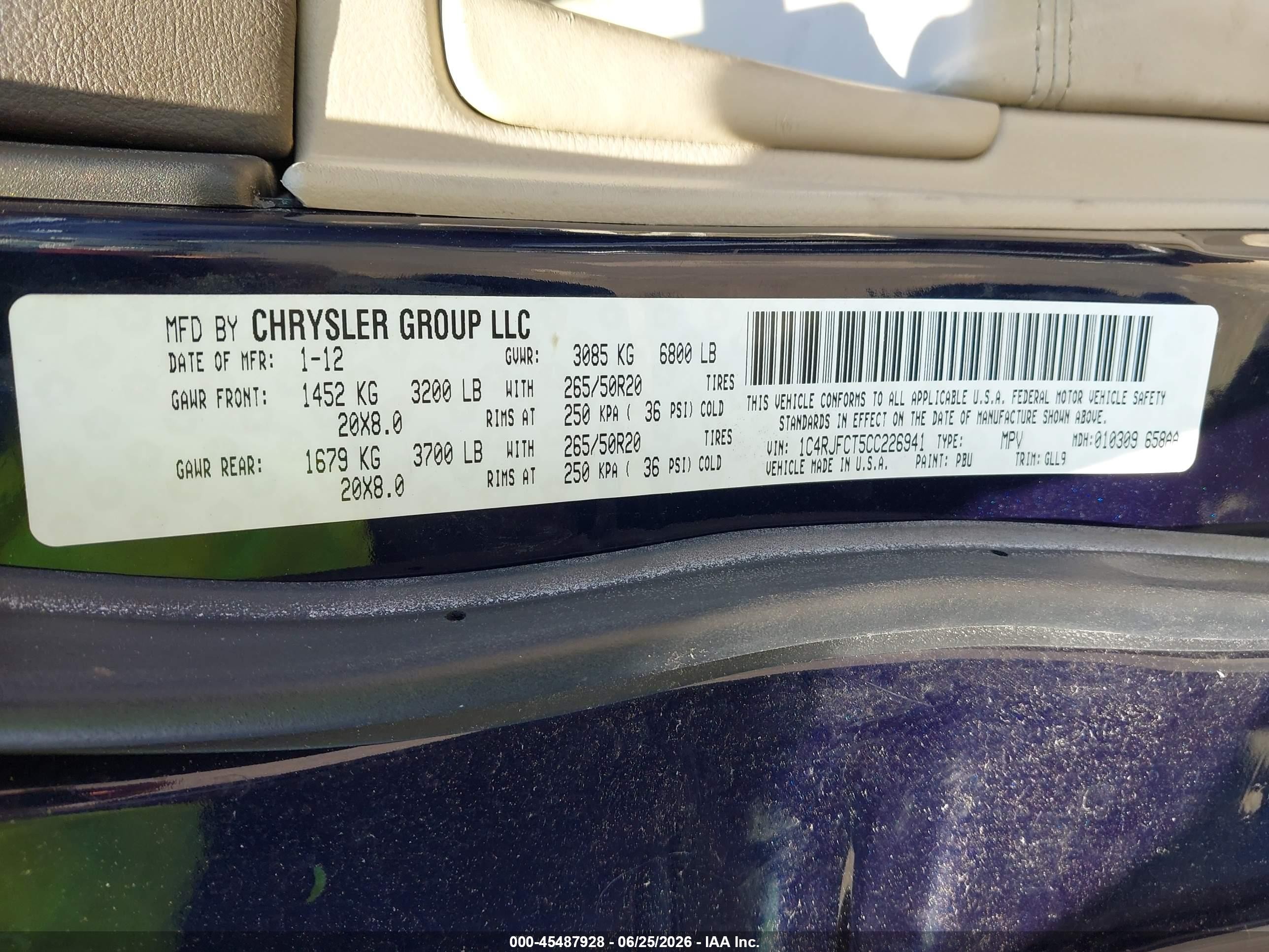 2012 Jeep Grand Cherokee Overland Blue vin: 1C4RJFCT5CC226941