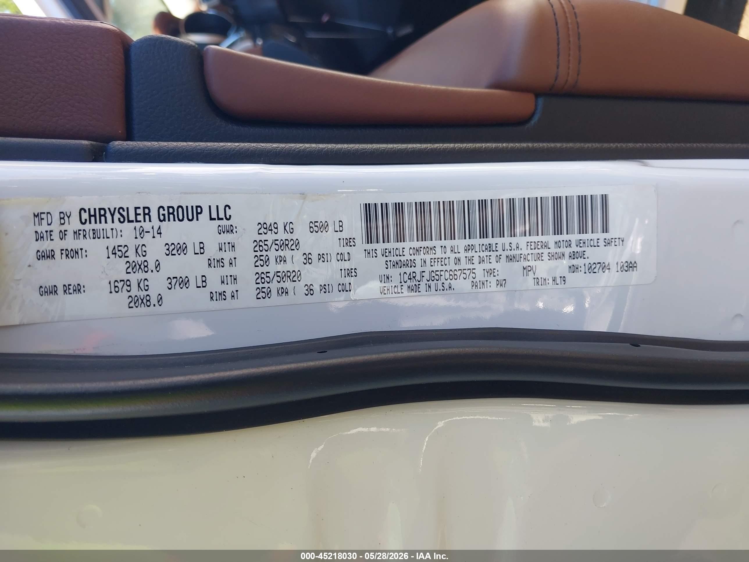 2015 Jeep Grand Cherokee Summit White vin: 1C4RJFJG5FC667575