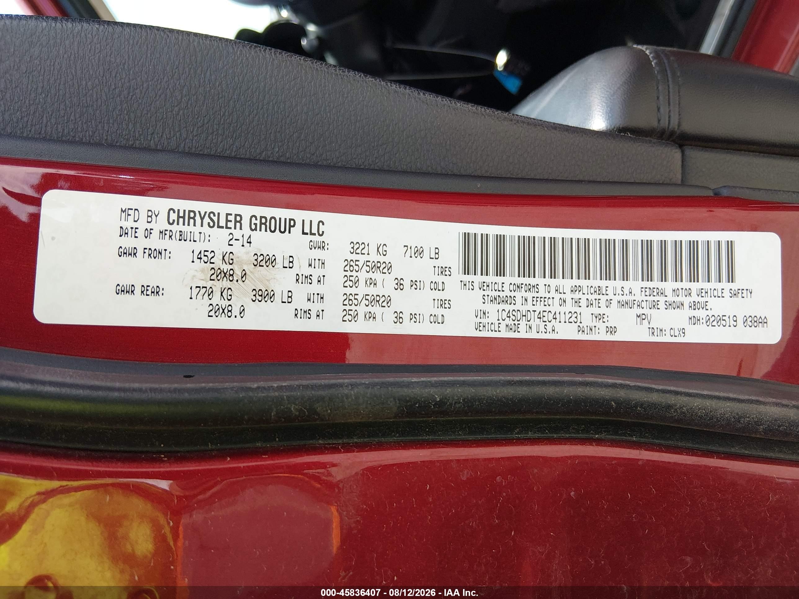 2014 Dodge Durango Limited Burgundy vin: 1C4SDHDT4EC411231