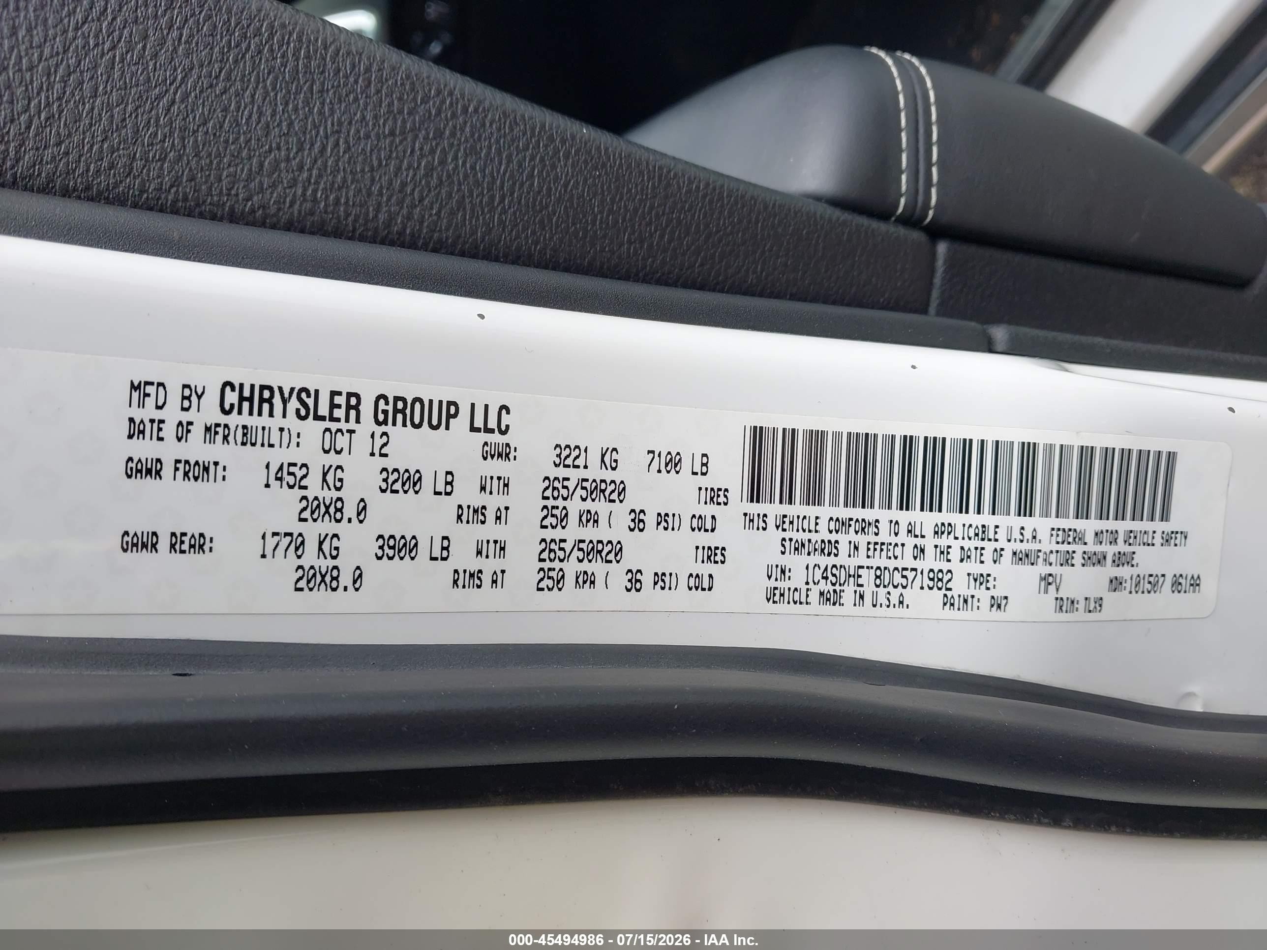 2013 Dodge Durango Citadel White vin: 1C4SDHET8DC571982