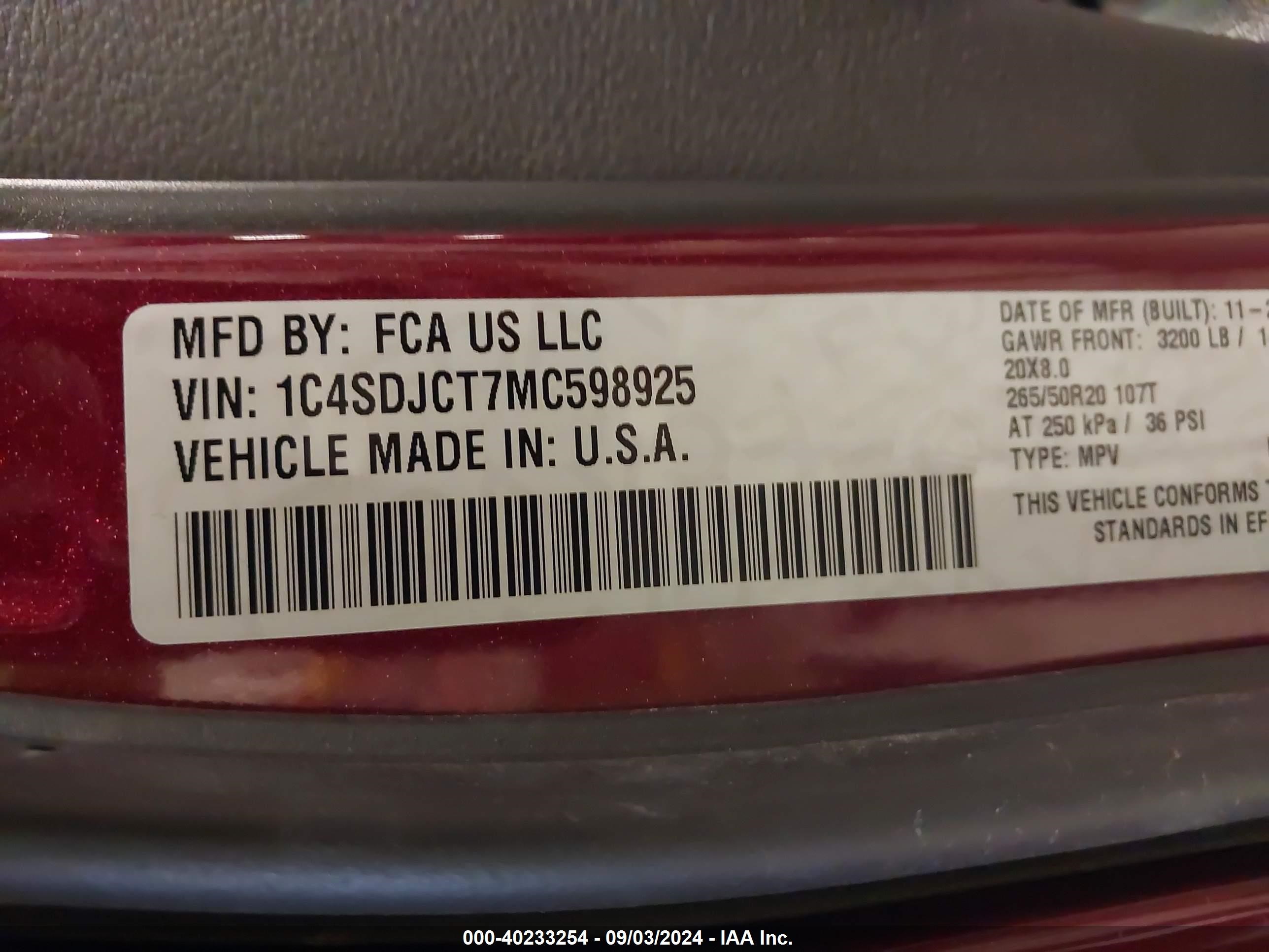 2021 Dodge Durango R/t Awd Red vin: 1C4SDJCT7MC598925