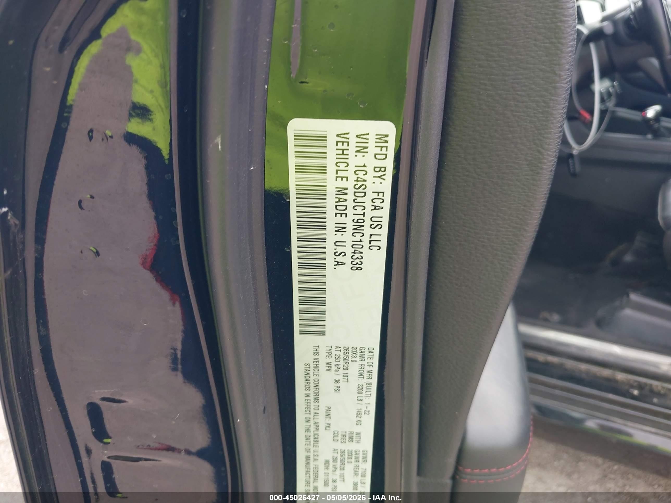 2022 Dodge Durango R/t Awd Черный vin: 1C4SDJCT9NC104338