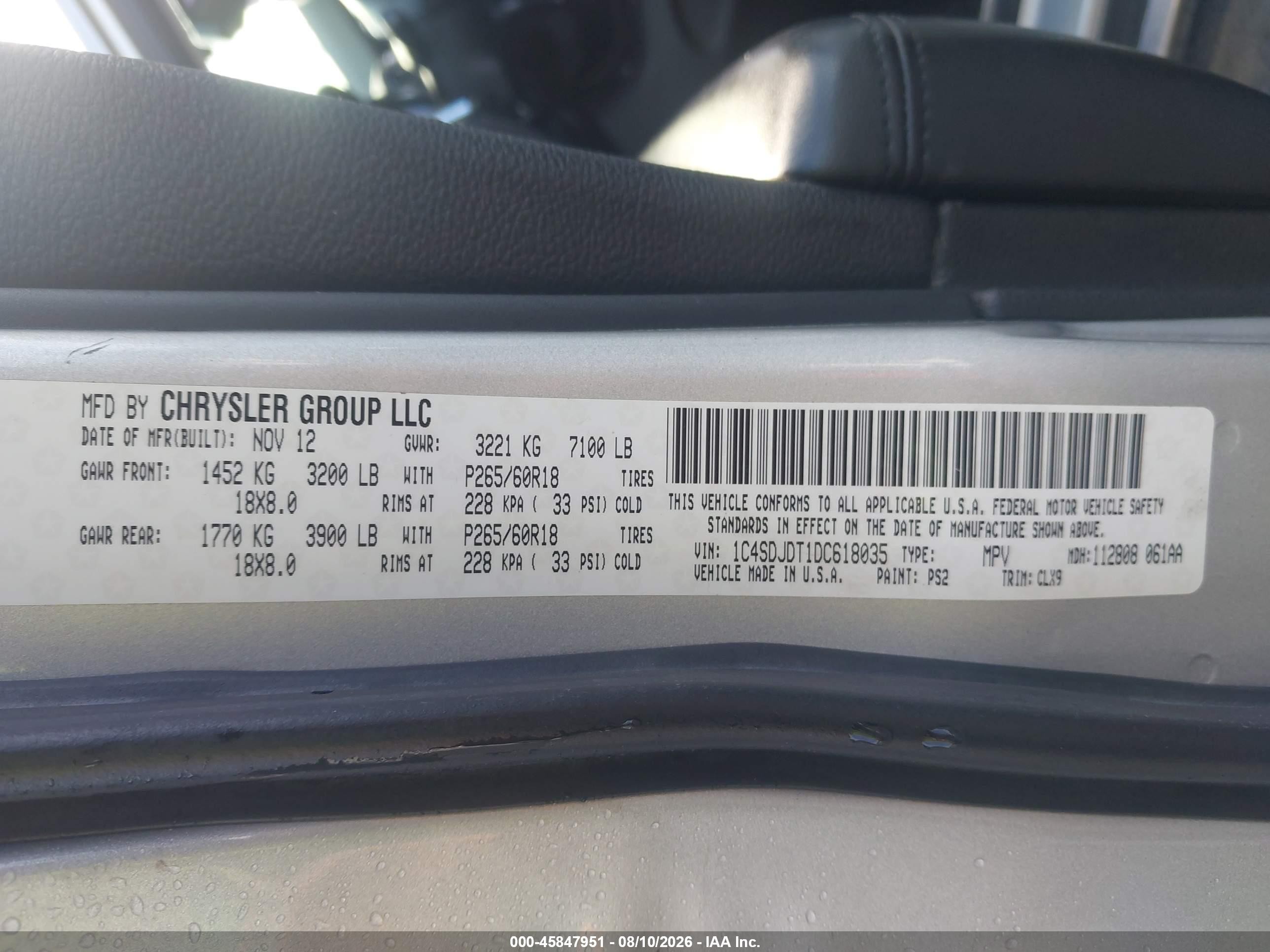 2013 Dodge Durango Crew White vin: 1C4SDJDT1DC618035