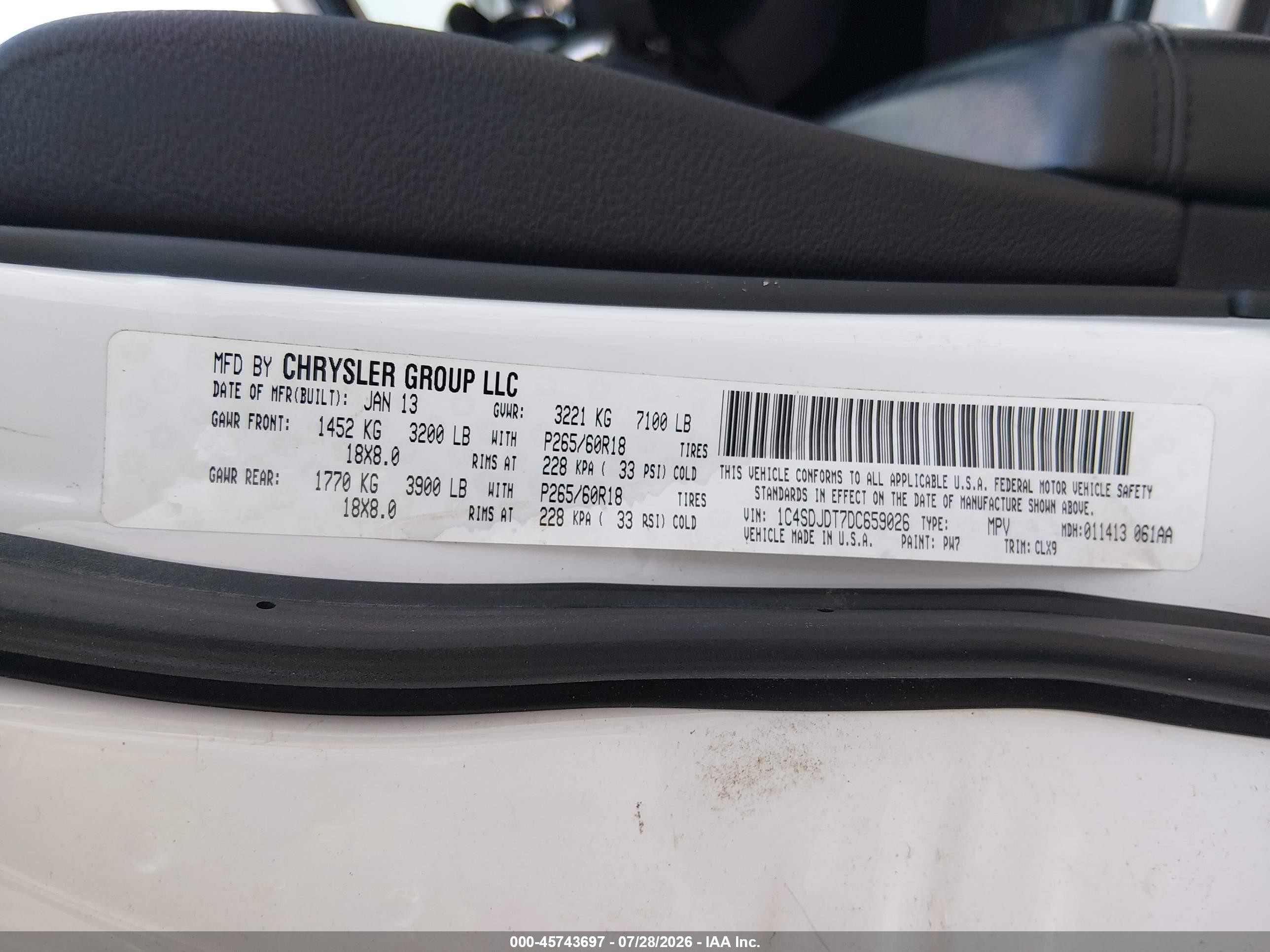 2013 Dodge Durango Crew White vin: 1C4SDJDT7DC659026