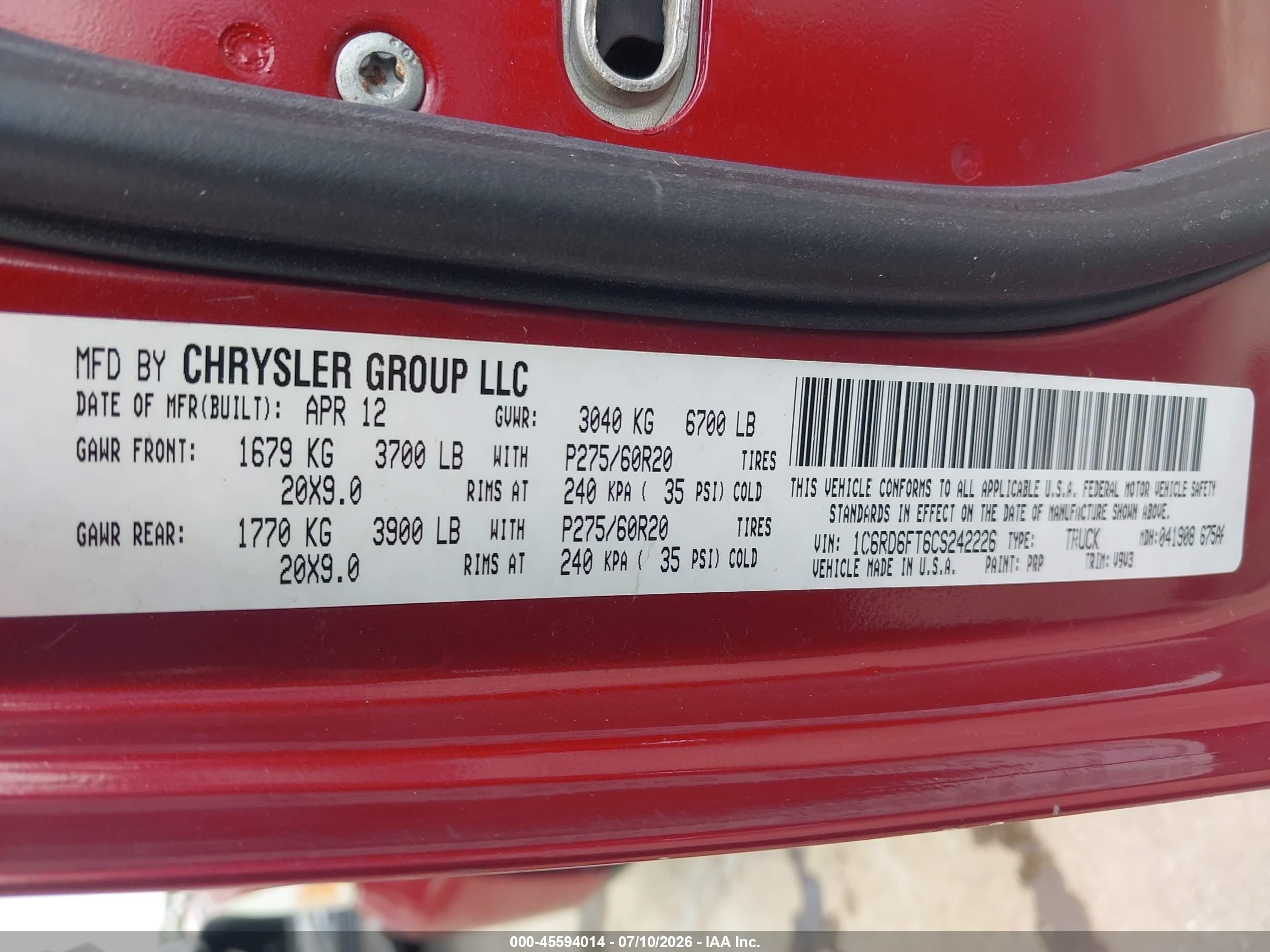 2012 Ram 1500 Express Red vin: 1C6RD6FT6CS242226