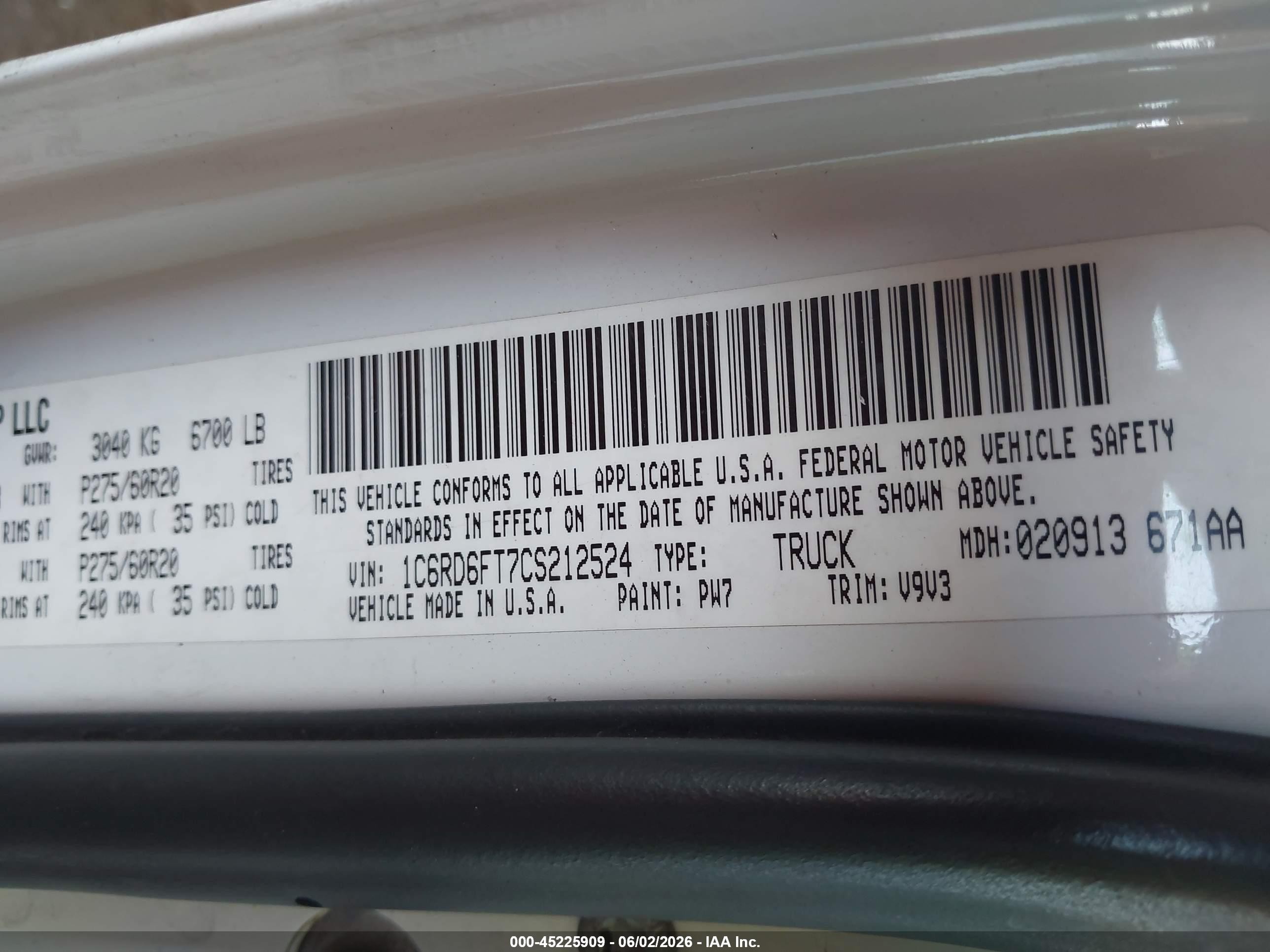 2012 Ram 1500 St White vin: 1C6RD6FT7CS212524