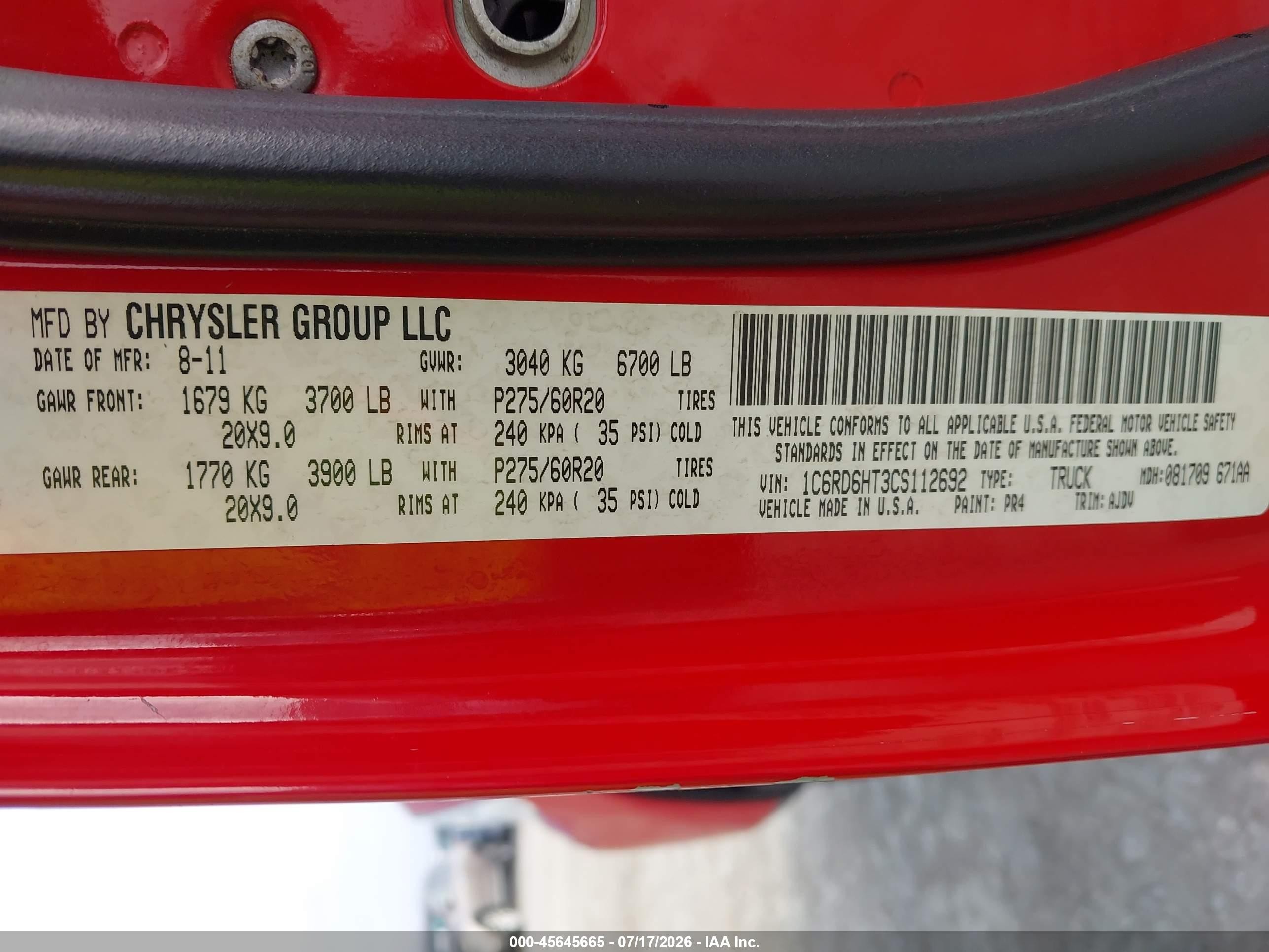 2012 Ram 1500 Sport Red vin: 1C6RD6HT3CS112692
